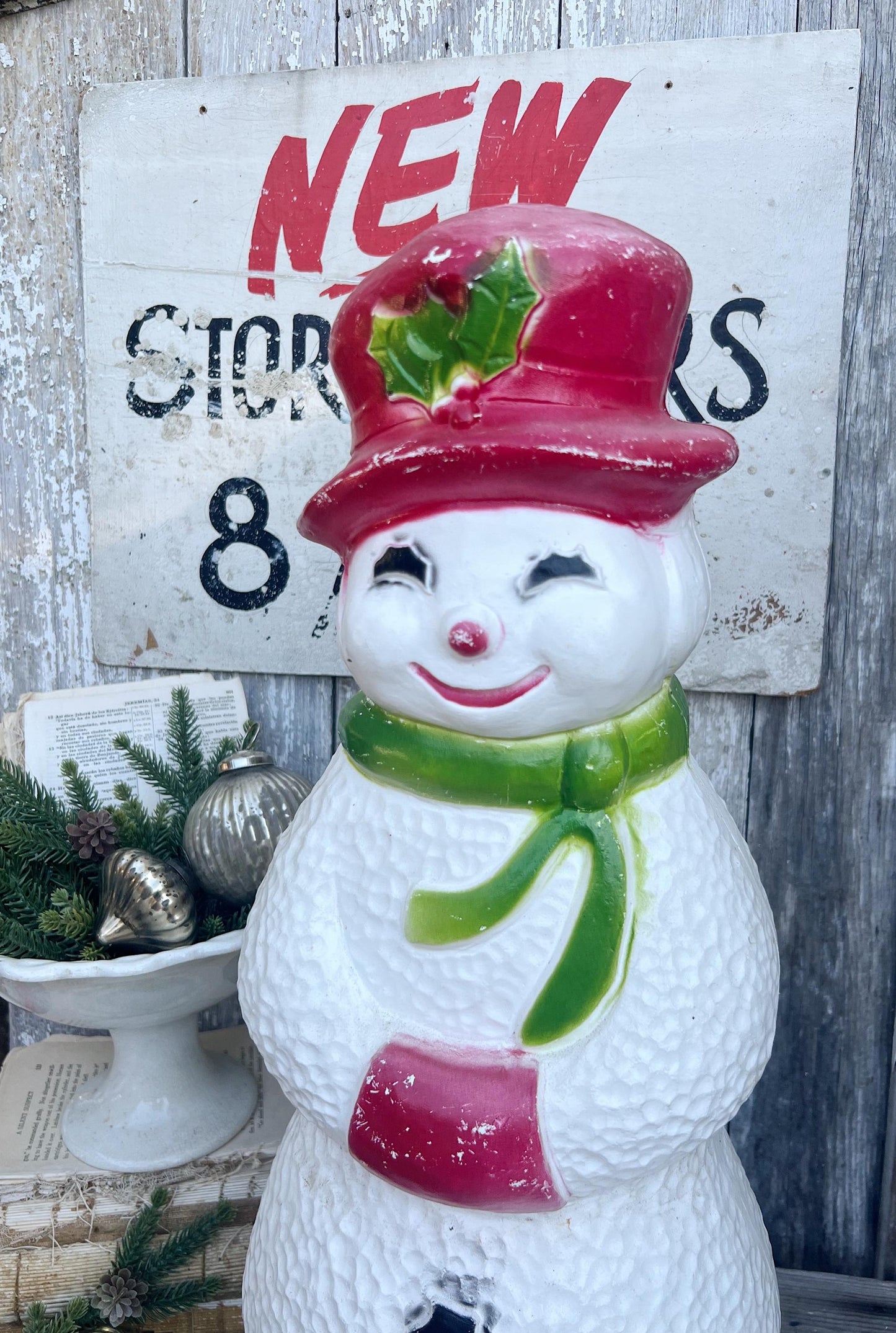 Vintage UNION SNOWMAN FROSTY Blow Mold Yard Decor Christmas Farmhouse Decor Vintage Retro Red White Green