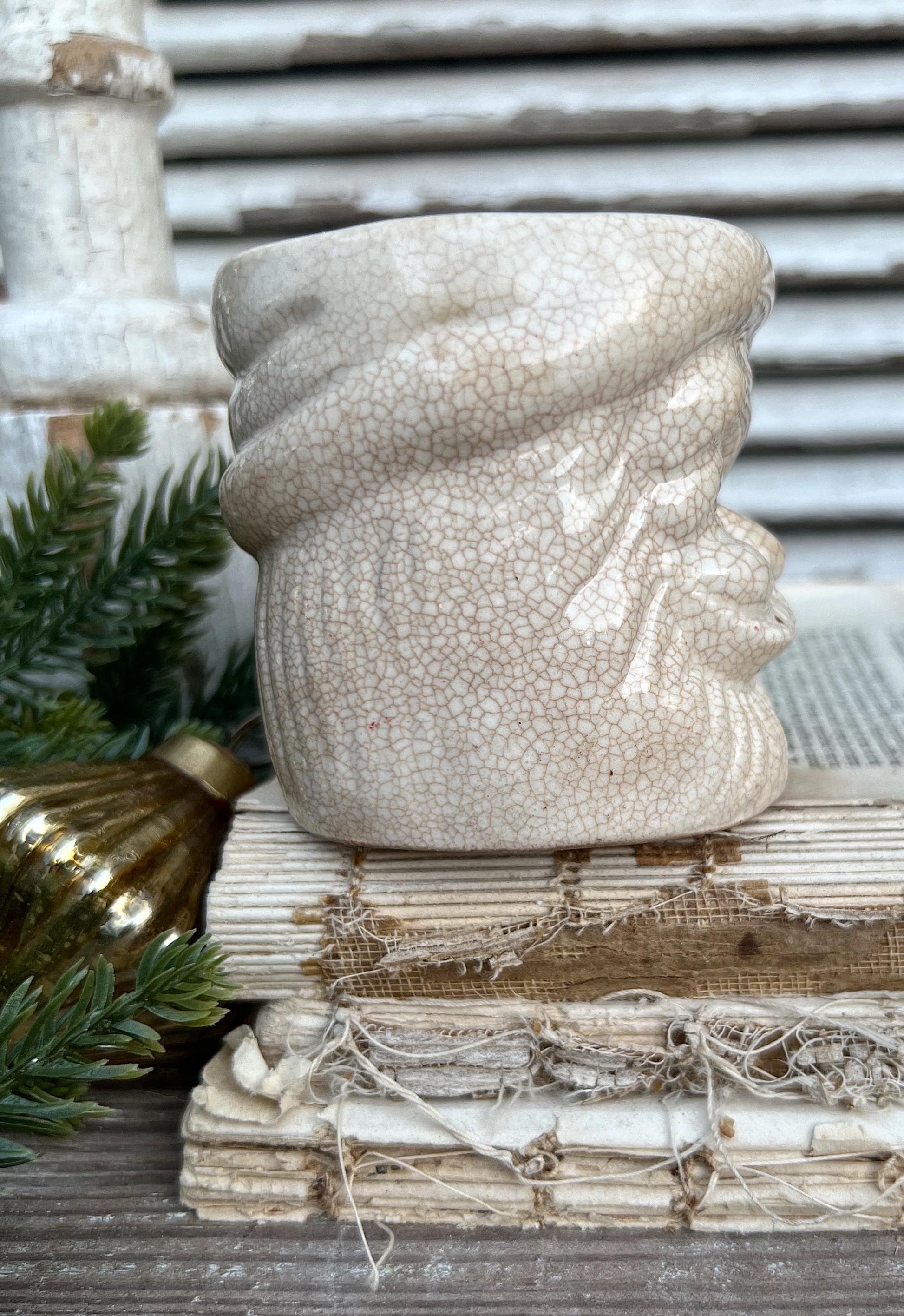 Vintage Ironstone NOEL Santa Claus Cup Mug FULL SIZE Santa Creamy White Farmhouse Japan Christmas Decor Grungy Crazing Letter “E”