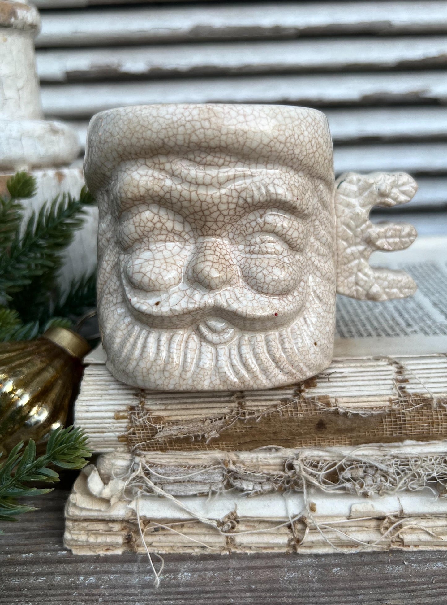 Vintage Ironstone NOEL Santa Claus Cup Mug FULL SIZE Santa Creamy White Farmhouse Japan Christmas Decor Grungy Crazing Letter “E”