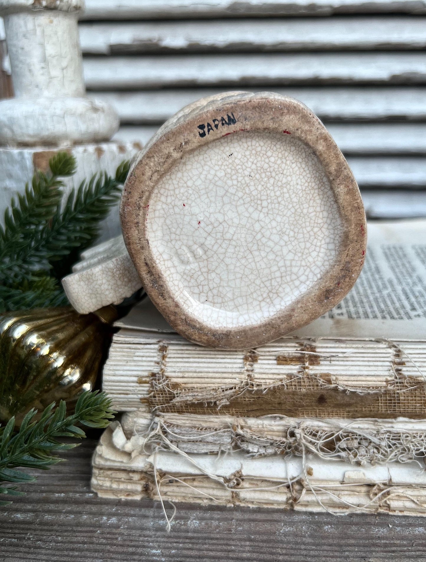 Vintage Ironstone NOEL Santa Claus Cup Mug FULL SIZE Santa Creamy White Farmhouse Japan Christmas Decor Grungy Crazing Letter “E”