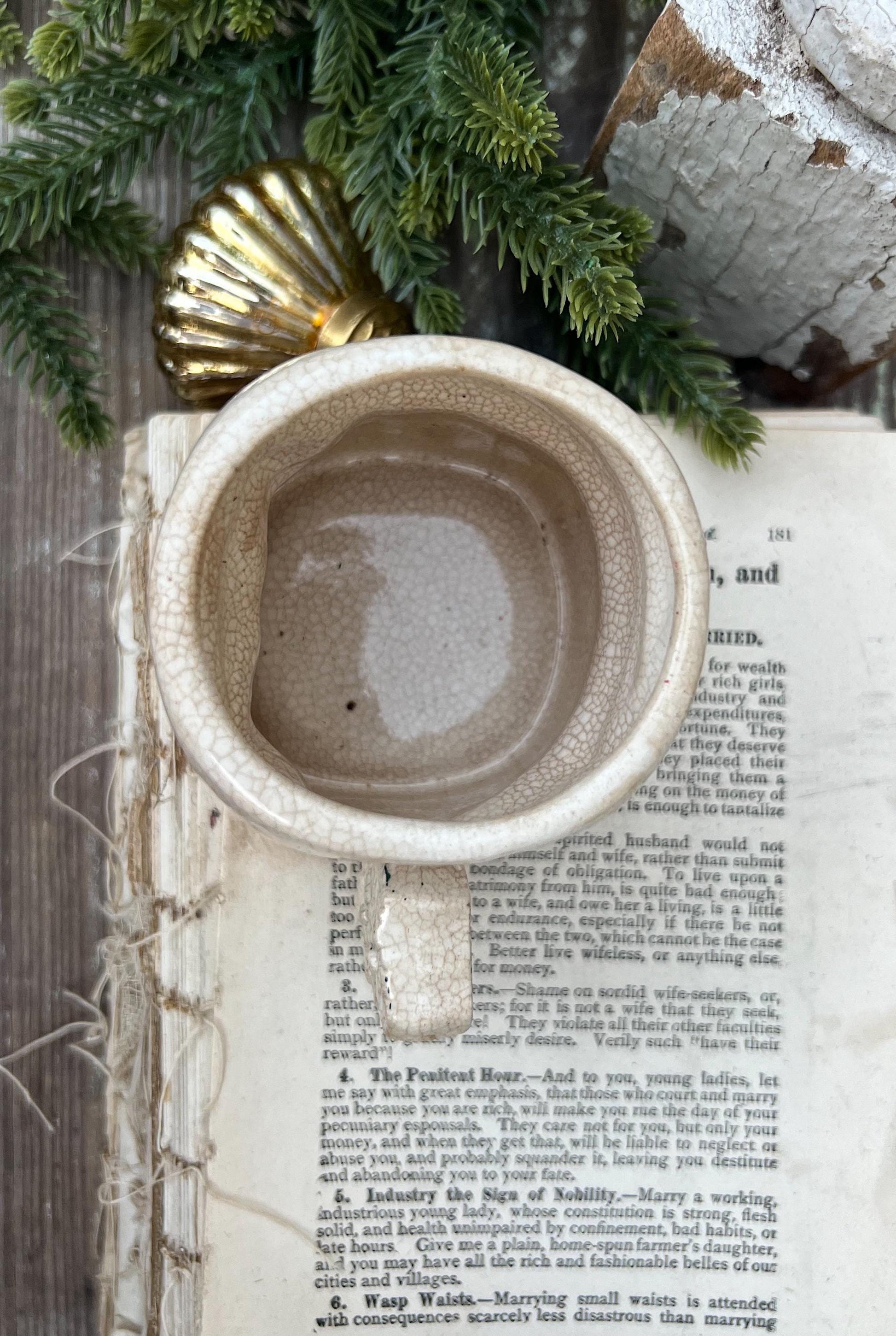 Vintage Ironstone NOEL Santa Claus Cup Mug FULL SIZE Santa Creamy White Farmhouse Japan Christmas Decor Grungy Crazing Letter “E”