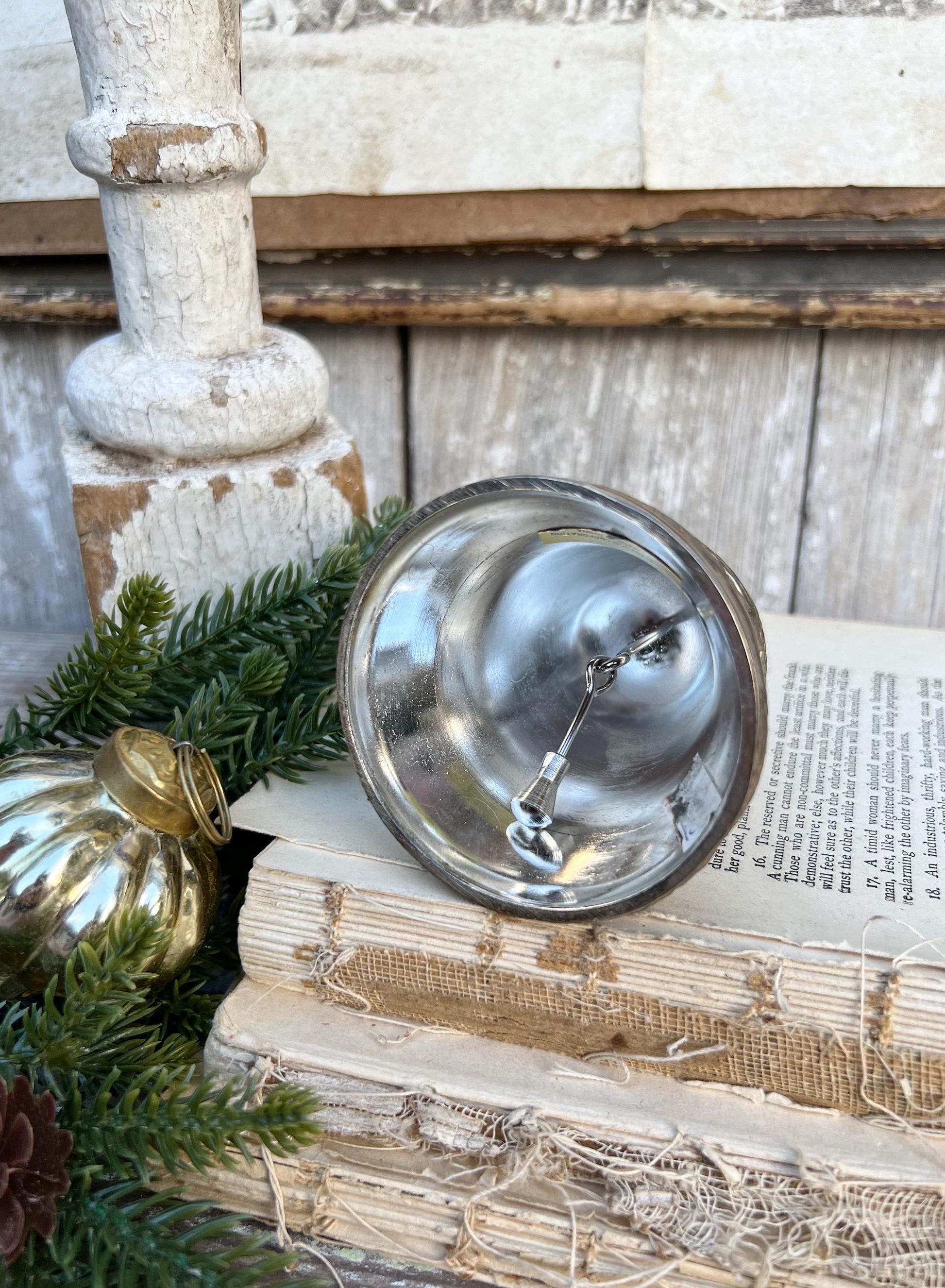Vintage SANTA Silver Metal Bell Handheld Dinner Christmas Farmhouse Decor
