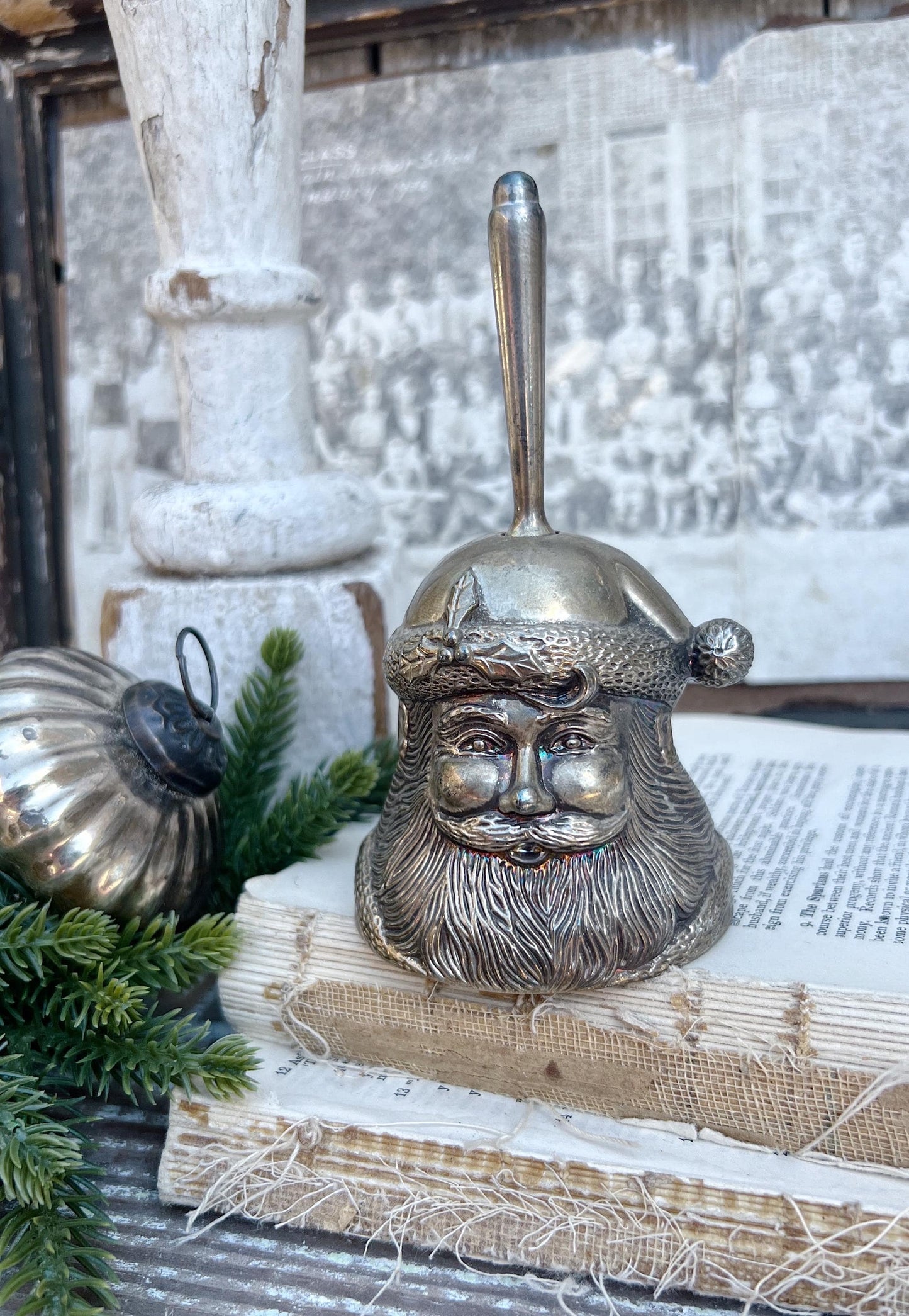 Vintage SANTA Silver Metal Bell Handheld Dinner Christmas Farmhouse Decor