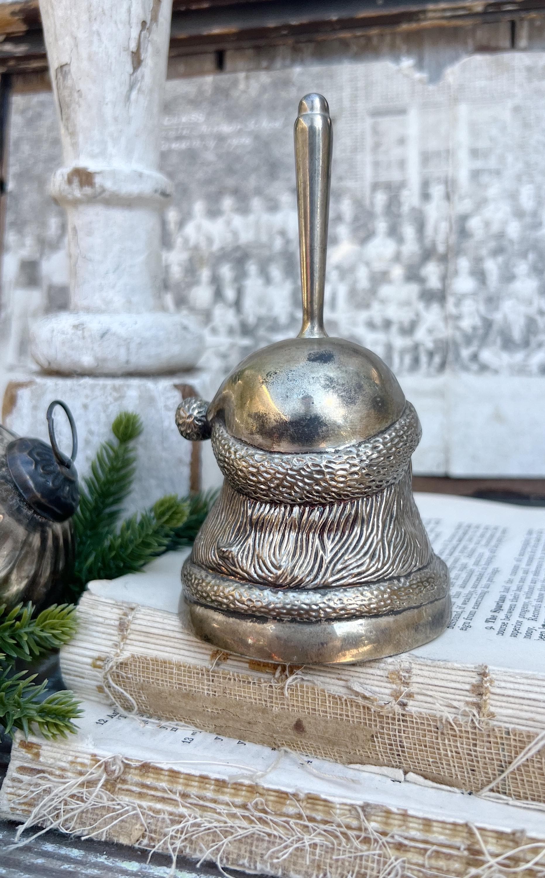 Vintage SANTA Silver Metal Bell Handheld Dinner Christmas Farmhouse Decor