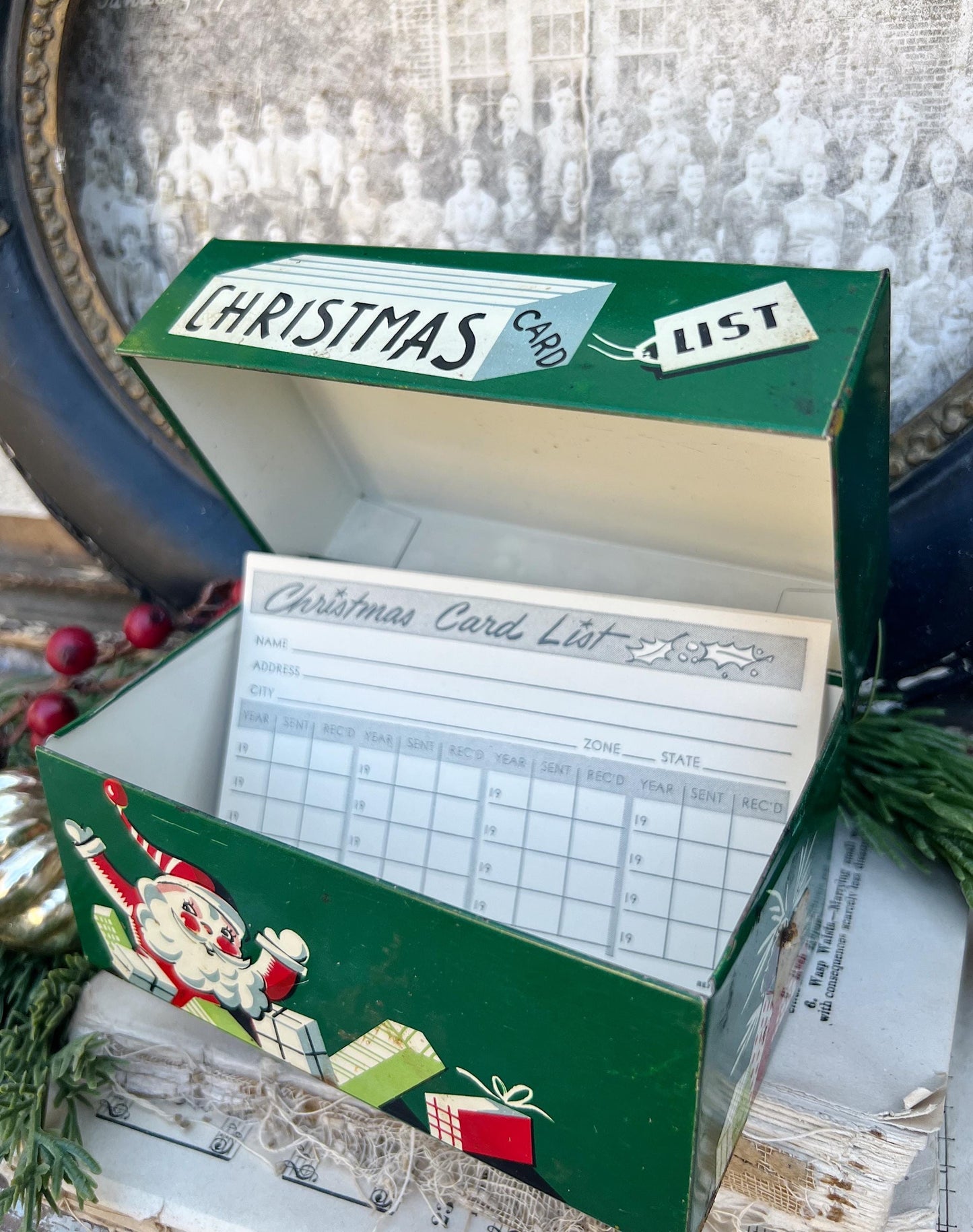 Vintage CHRISTMAS CARD LIST Green Metal File Box Farmhouse Decor