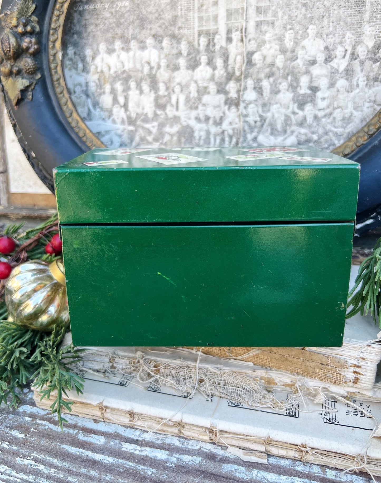 Vintage CHRISTMAS CARD LIST Green Metal File Box Farmhouse Decor