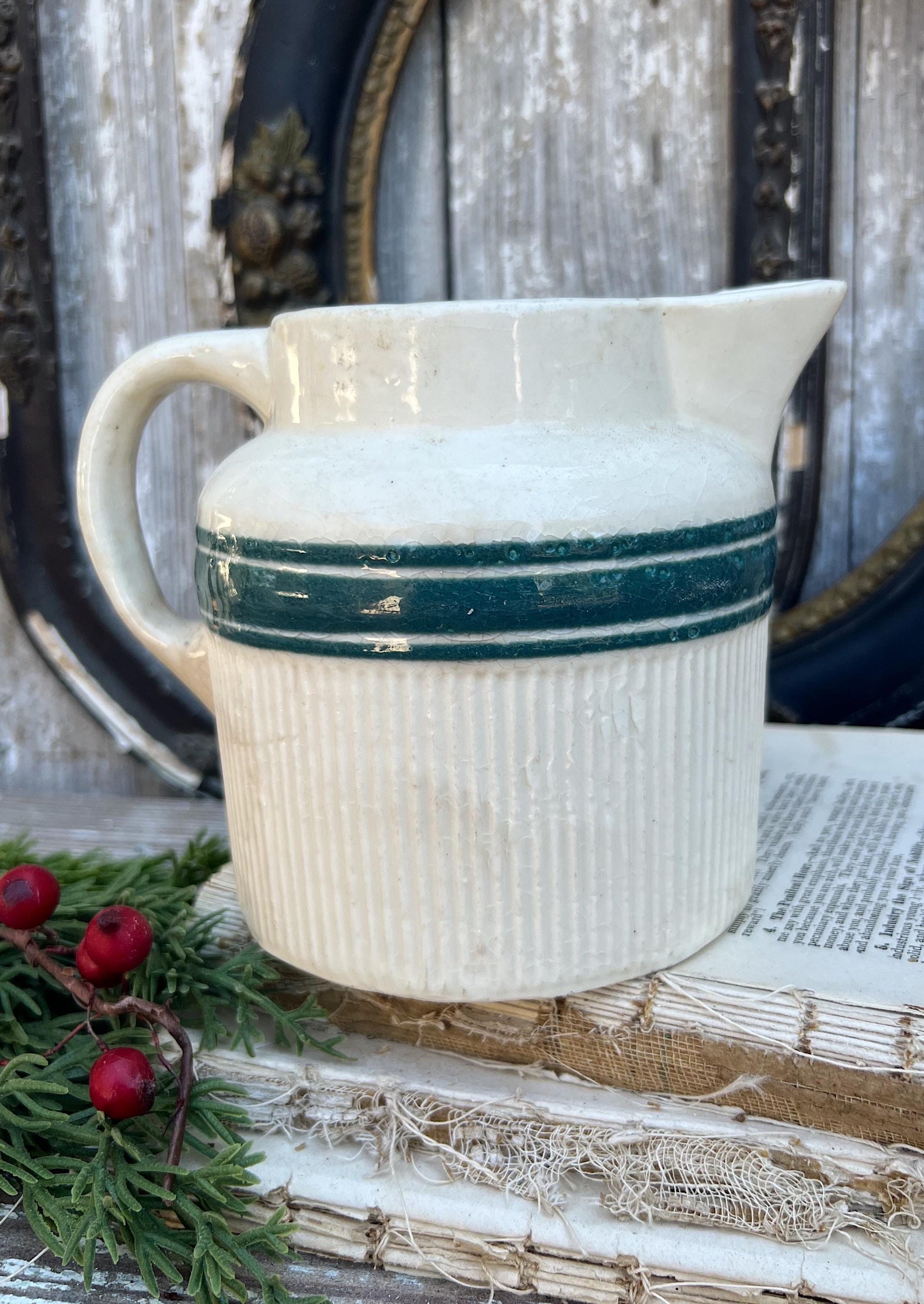 Antique HULL Stoneware GREEN Pitcher Farmhouse Decor Primitive Creamer