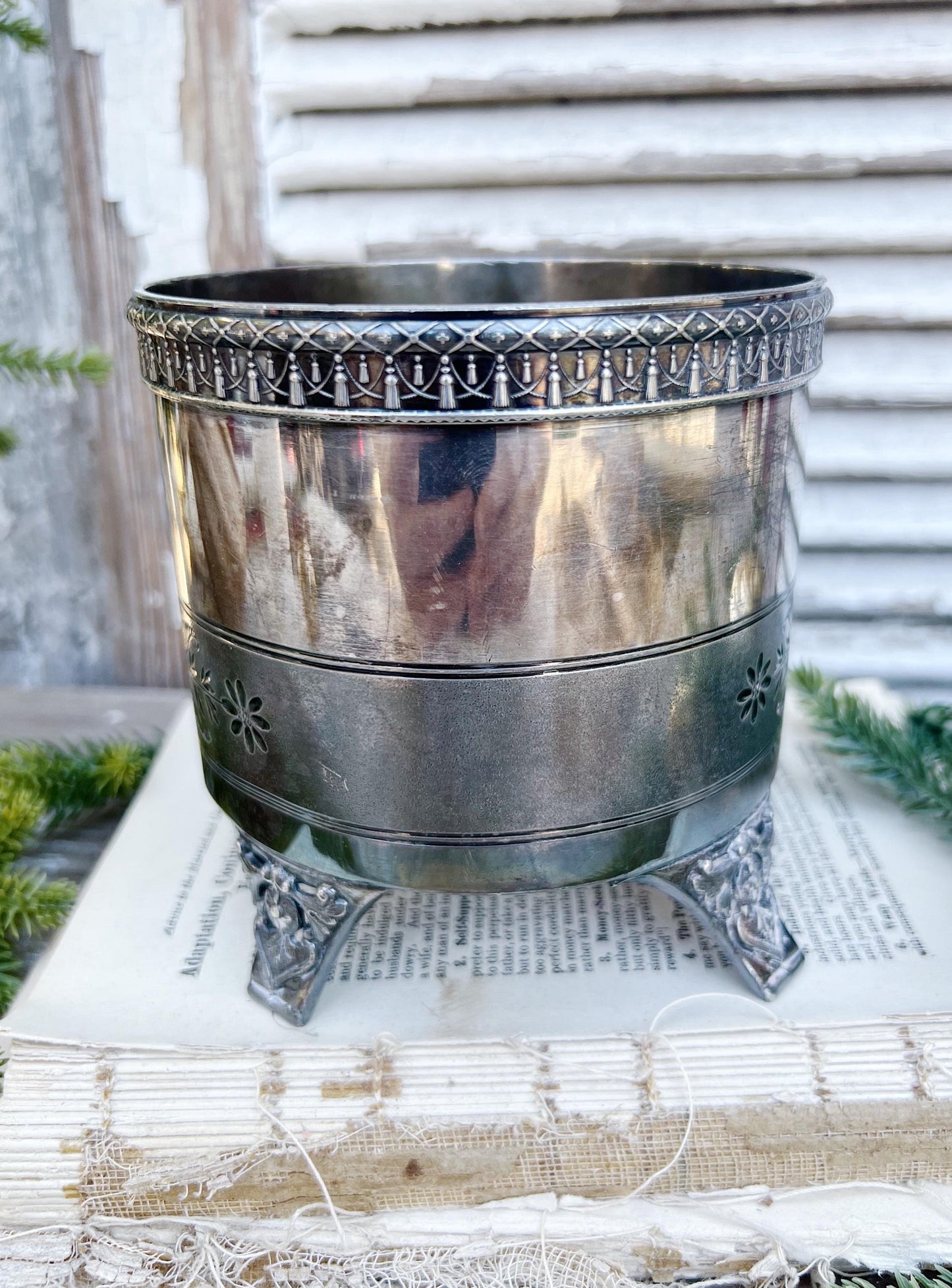 Antique Silver Champagne Wine Holder Footed French Country Farmhouse Decor Shabby Chic