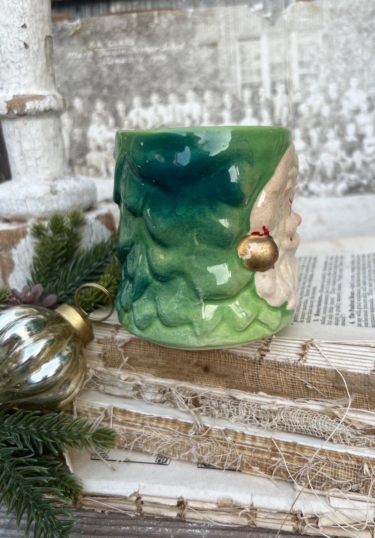 Vintage Ironstone CHASE Santa Claus Cup Mug FULL SIZE Santa Farmhouse Christmas Decor Rare Japan Crazing Grungy Crazed