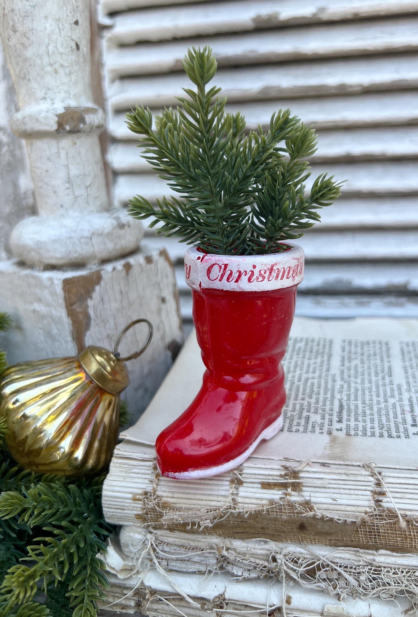 Vintage RED SANTA BOOT Planter Plastic with Merry Christmas Banner Trim Farmhouse Christmas Decor Retro Kitschy Candy Holder