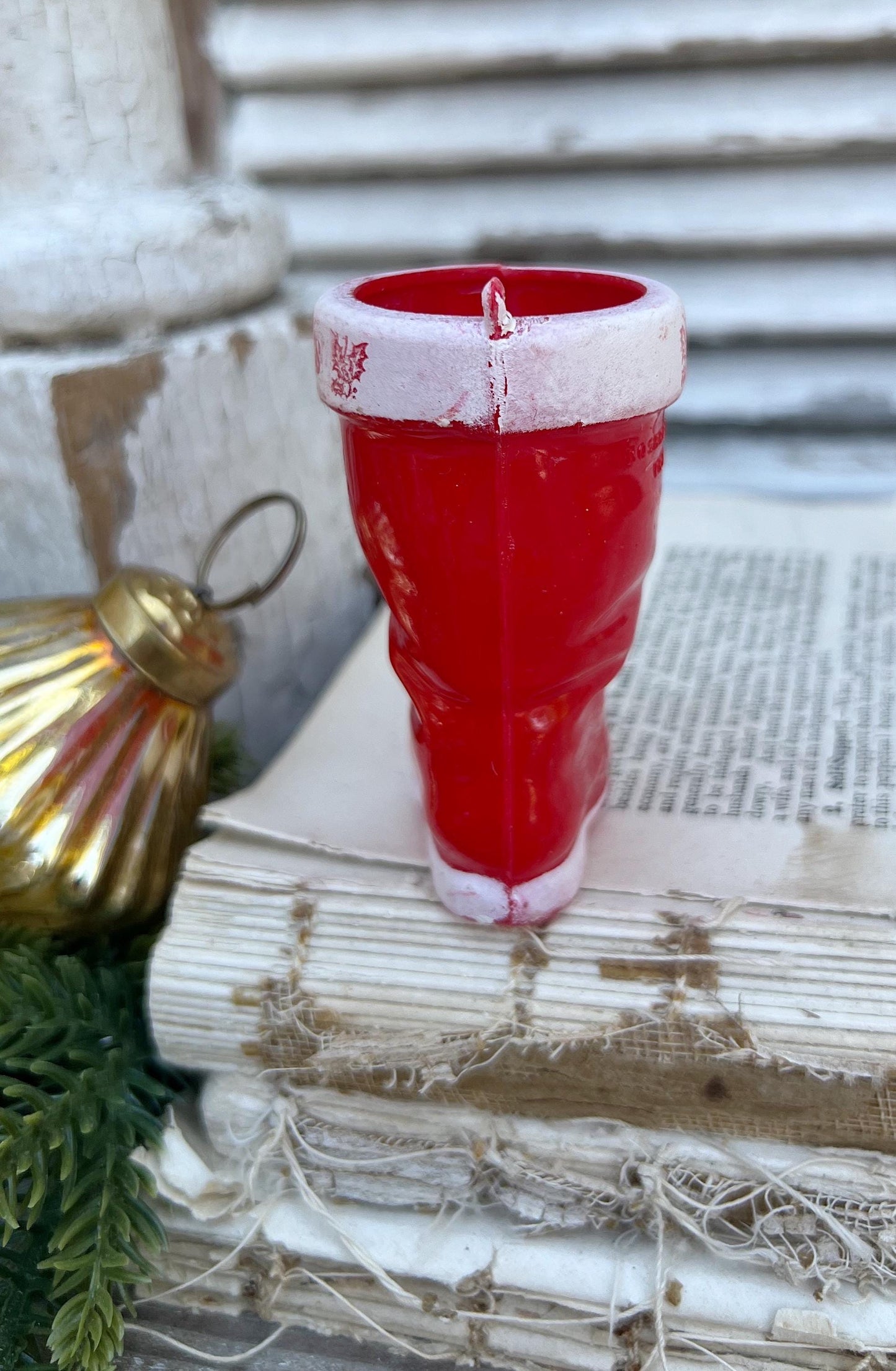 Vintage RED SANTA BOOT Planter Plastic with Merry Christmas Banner Trim Farmhouse Christmas Decor Retro Kitschy Candy Holder