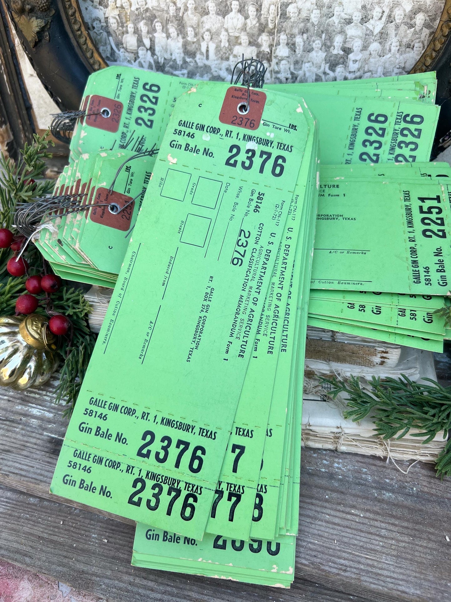 5 Vintage COTTON GIN Bale Tags GREEN Numbered Farmhouse Holiday Christmas Decoration Bundle of 5 Department Agriculture Texas