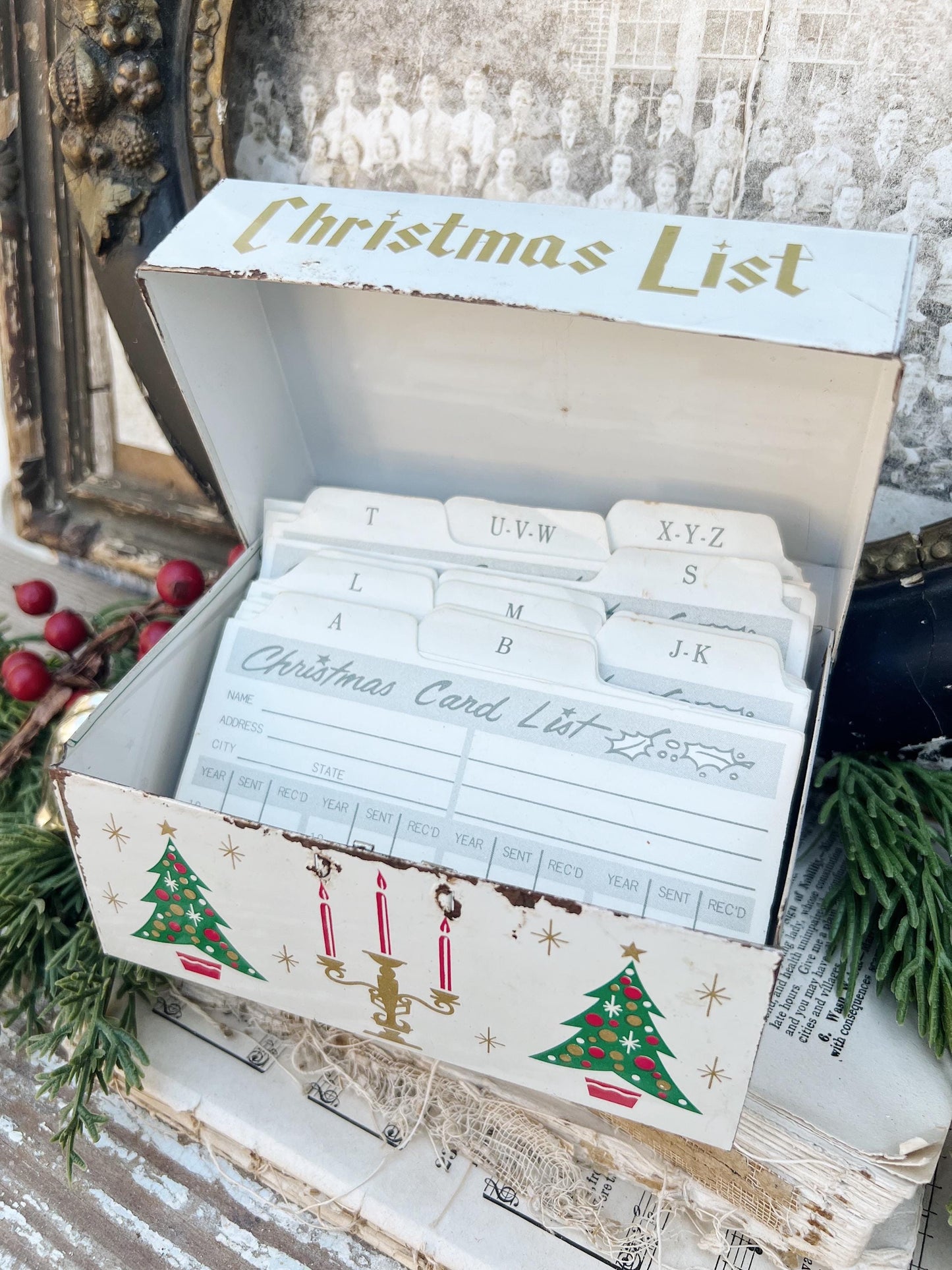 Vintage CHRISTMAS CARD LIST Green Metal File Box Farmhouse Decor with Cards Japan