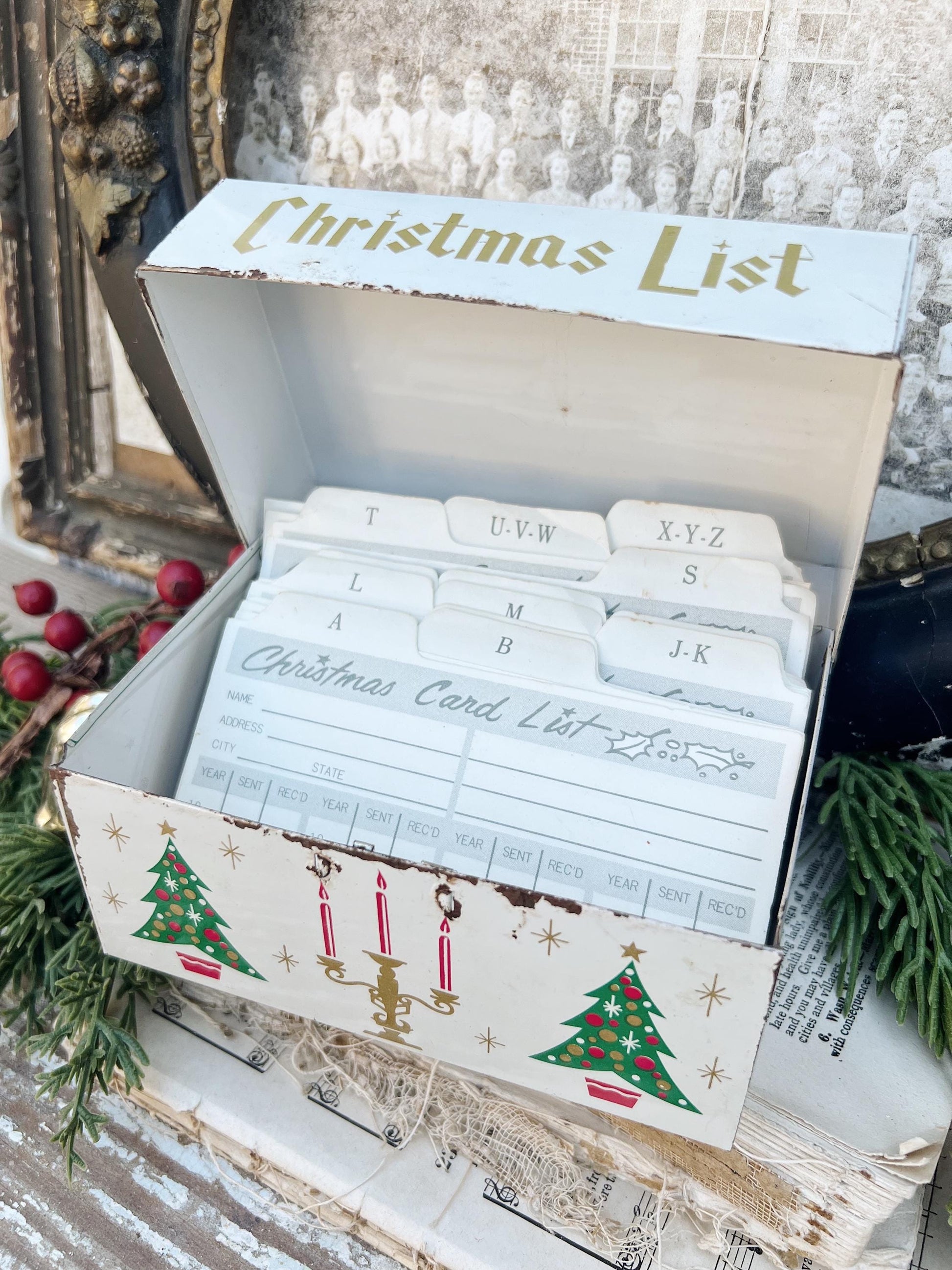 Vintage CHRISTMAS CARD LIST Green Metal File Box Farmhouse Decor with Cards Japan