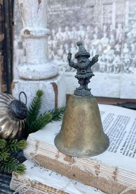 Vintage SANTA BRASS Metal Bell Handheld Dinner Christmas Farmhouse Decor