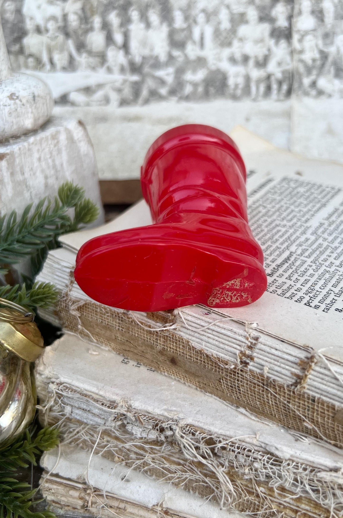 Vintage RED SANTA BOOT Planter Plastic with Merry Christmas Banner Trim Farmhouse Christmas Decor Retro Kitschy Candy Holder