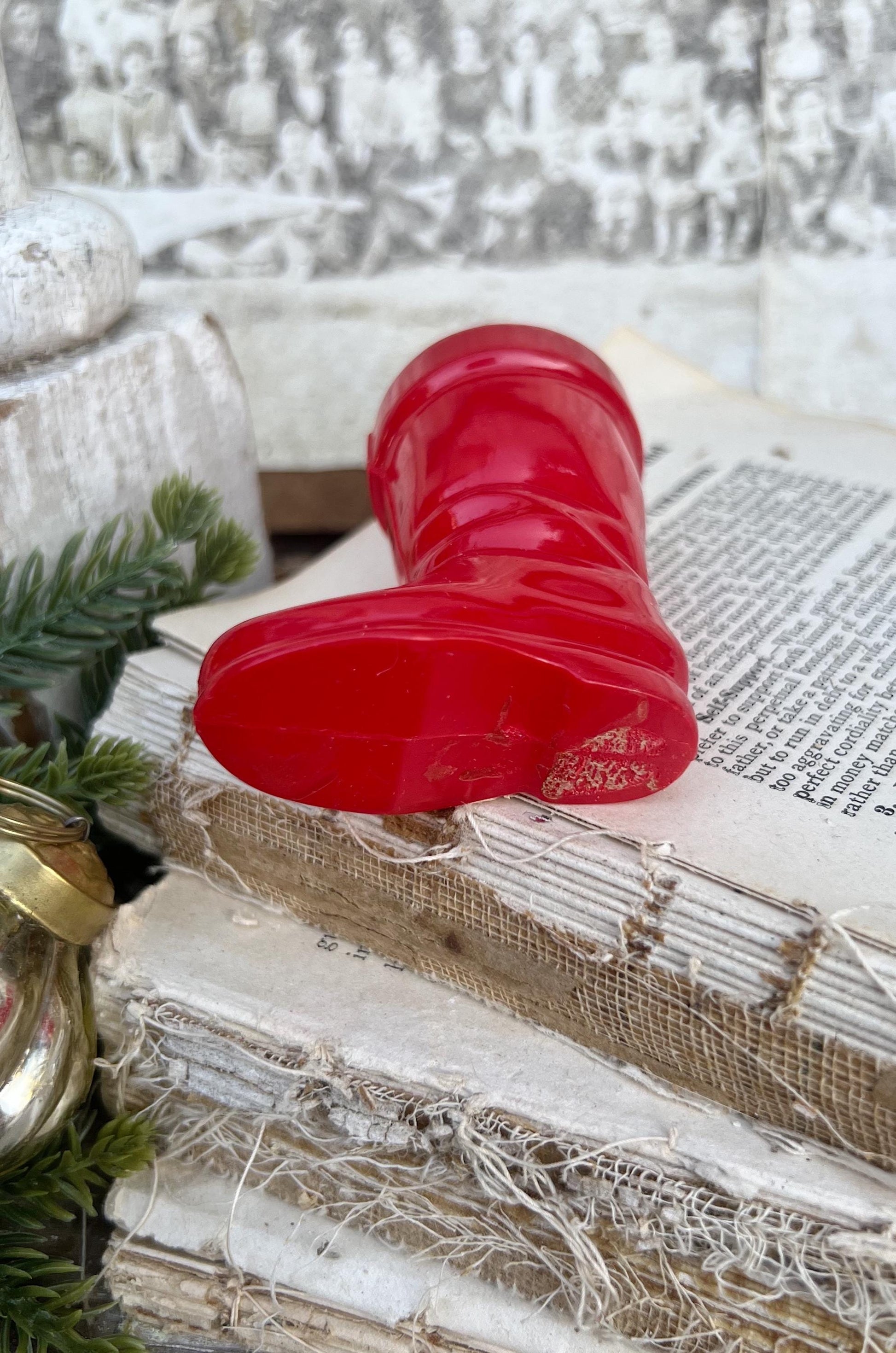 Vintage RED SANTA BOOT Planter Plastic with Merry Christmas Banner Trim Farmhouse Christmas Decor Retro Kitschy Candy Holder