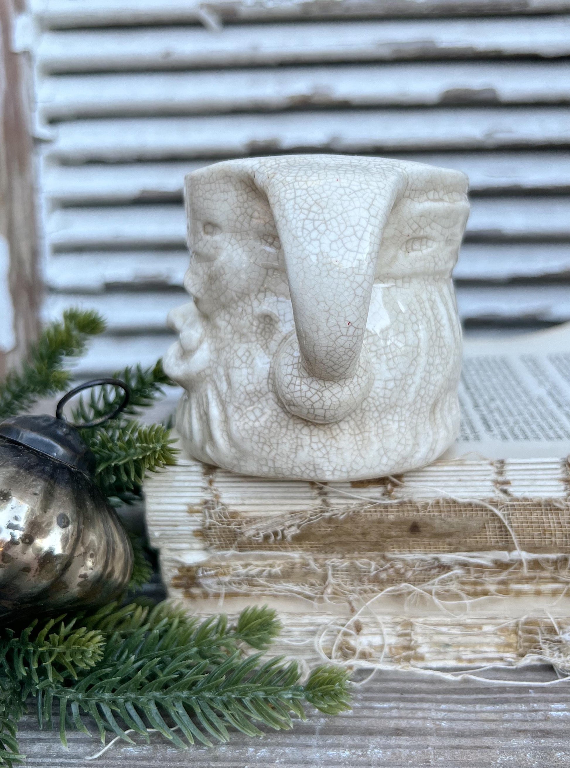 Vintage Ironstone Santa Claus Cup Mug FULL SIZE Creamy White Santa Farmhouse Christmas Decor RARE Japan Crazing Grungy Heavily Crazed