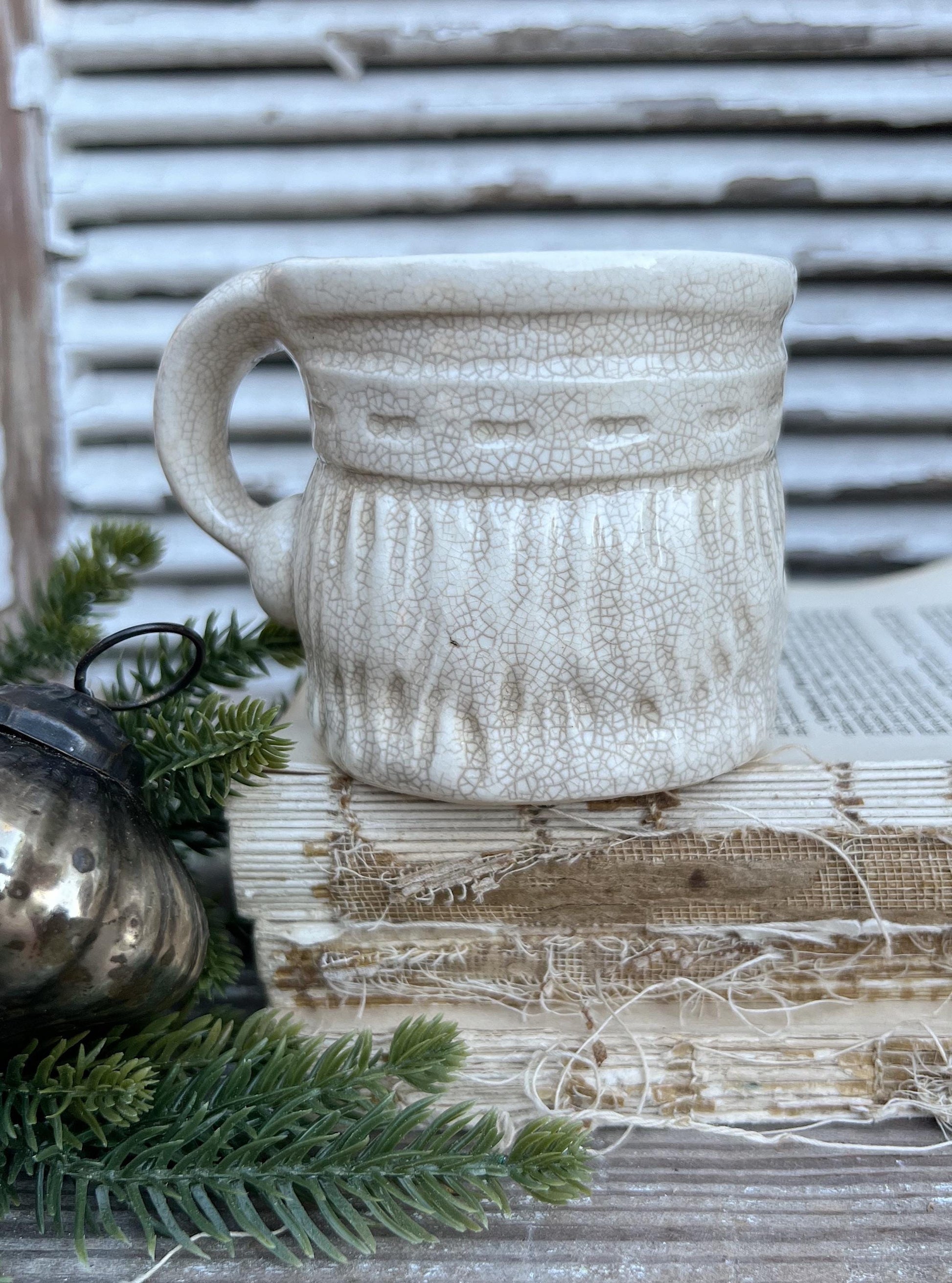 Vintage Ironstone Santa Claus Cup Mug FULL SIZE Creamy White Santa Farmhouse Christmas Decor RARE Japan Crazing Grungy Heavily Crazed