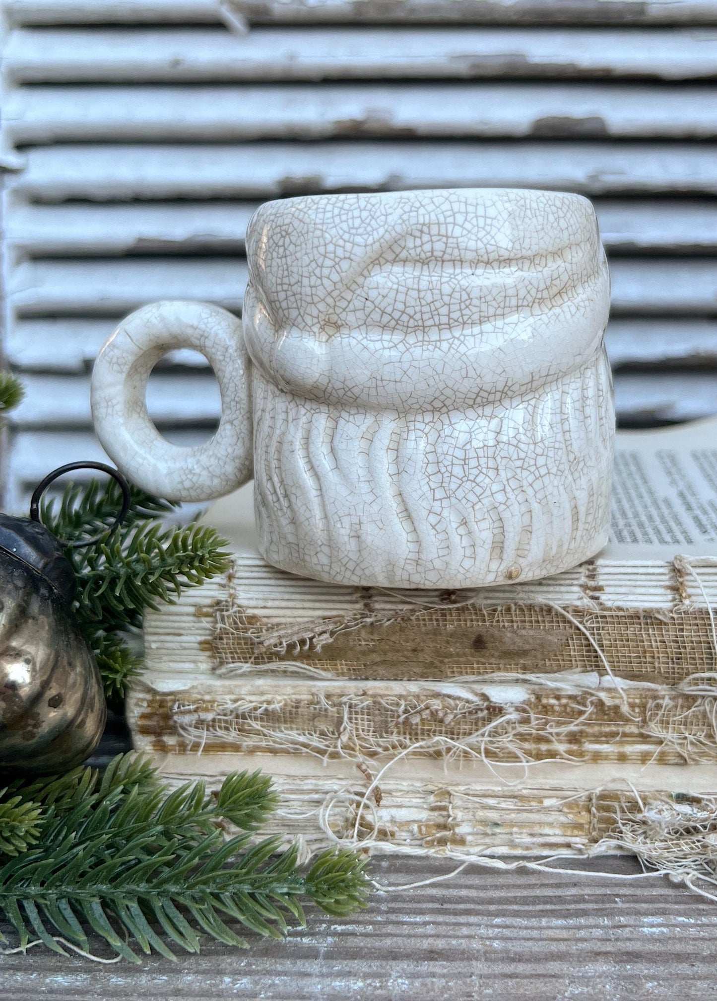 Vintage Ironstone Santa Claus Cup Mug FULL SIZE Santa Creamy White Farmhouse Christmas Decor Grungy Crazing