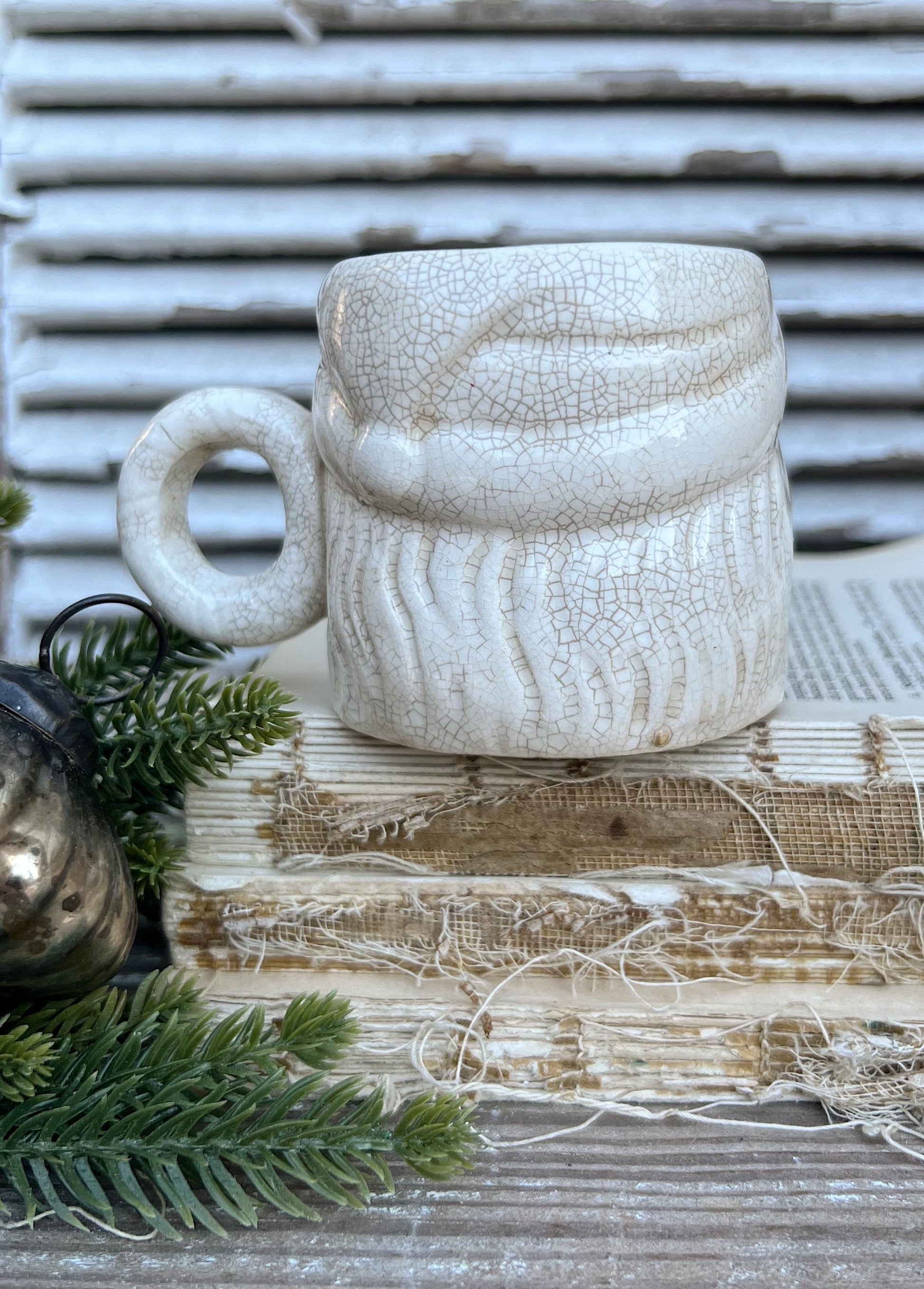 Vintage Ironstone Santa Claus Cup Mug FULL SIZE Santa Creamy White Farmhouse Christmas Decor Grungy Crazing