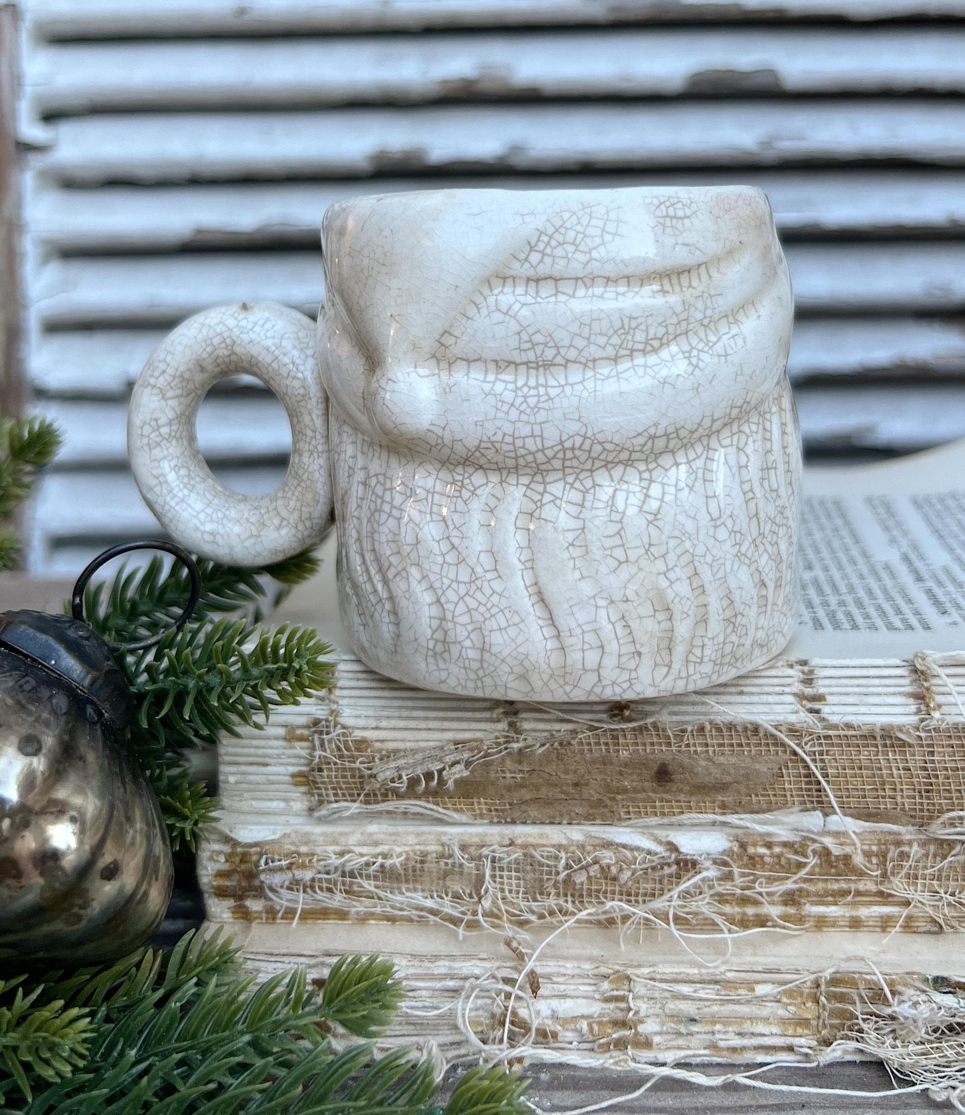 Vintage Ironstone Santa Claus Cup Mug FULL SIZE Santa Creamy White Farmhouse Christmas Decor Grungy Crazing