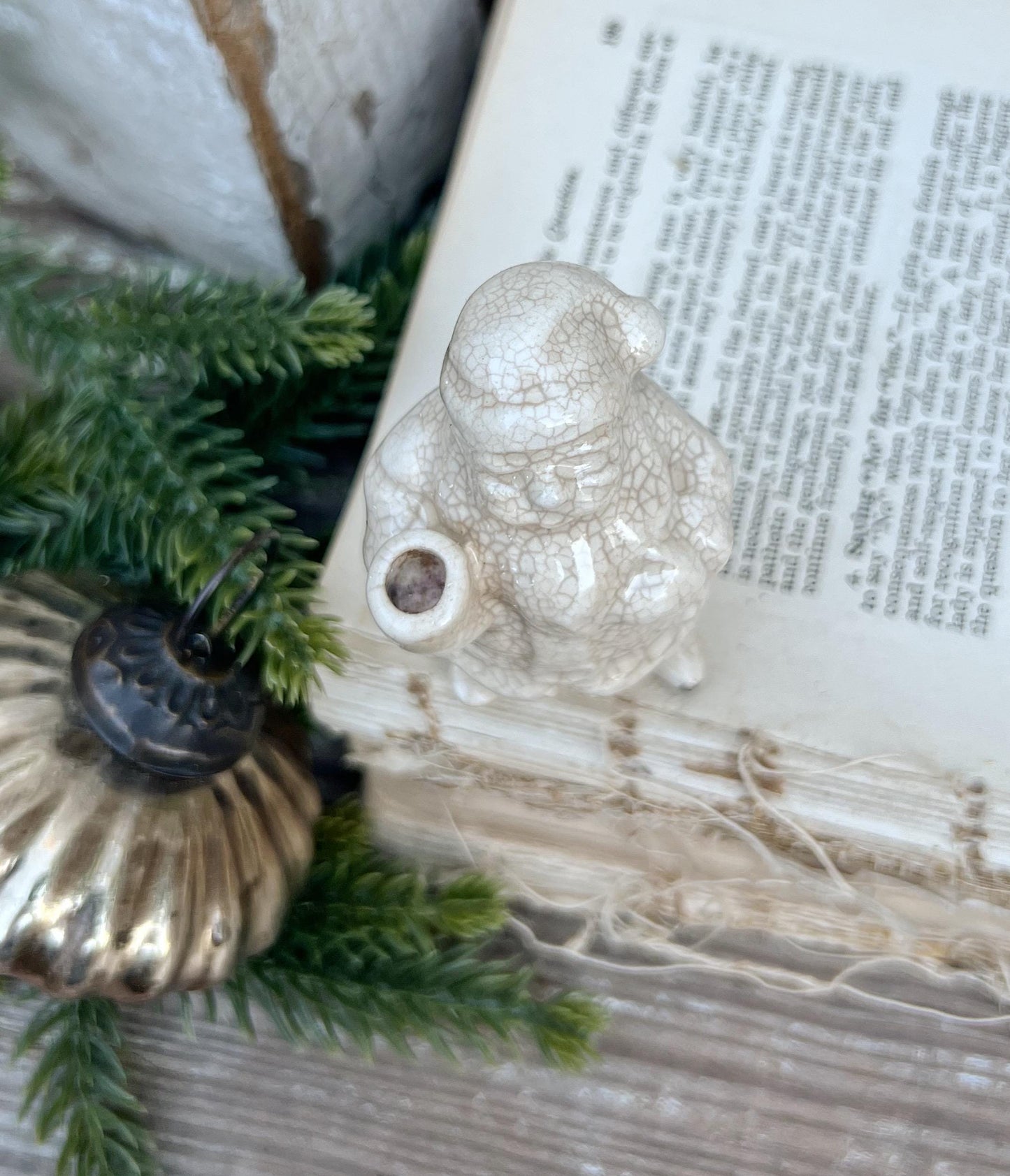 Vintage Ironstone Santa Claus Candle Holder Creamy WHITE Farmhouse Christmas Decor Stained Crazing Tiny