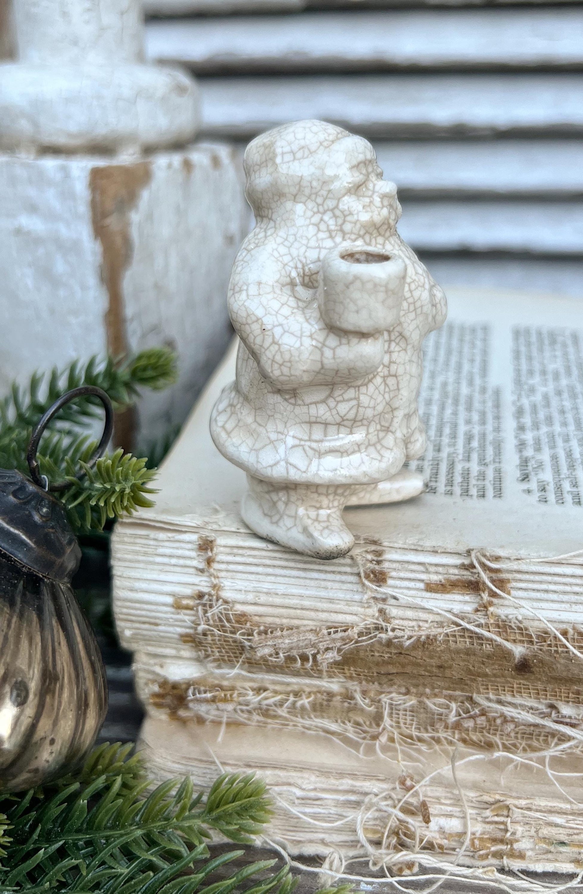 Vintage Ironstone Santa Claus Candle Holder Creamy WHITE Farmhouse Christmas Decor Stained Crazing Tiny