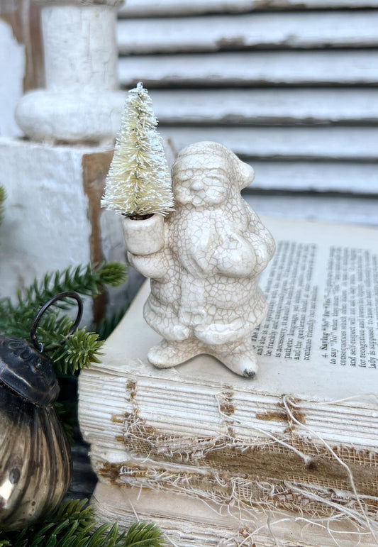 Vintage Ironstone Santa Claus Candle Holder Creamy WHITE Farmhouse Christmas Decor Stained Crazing Tiny