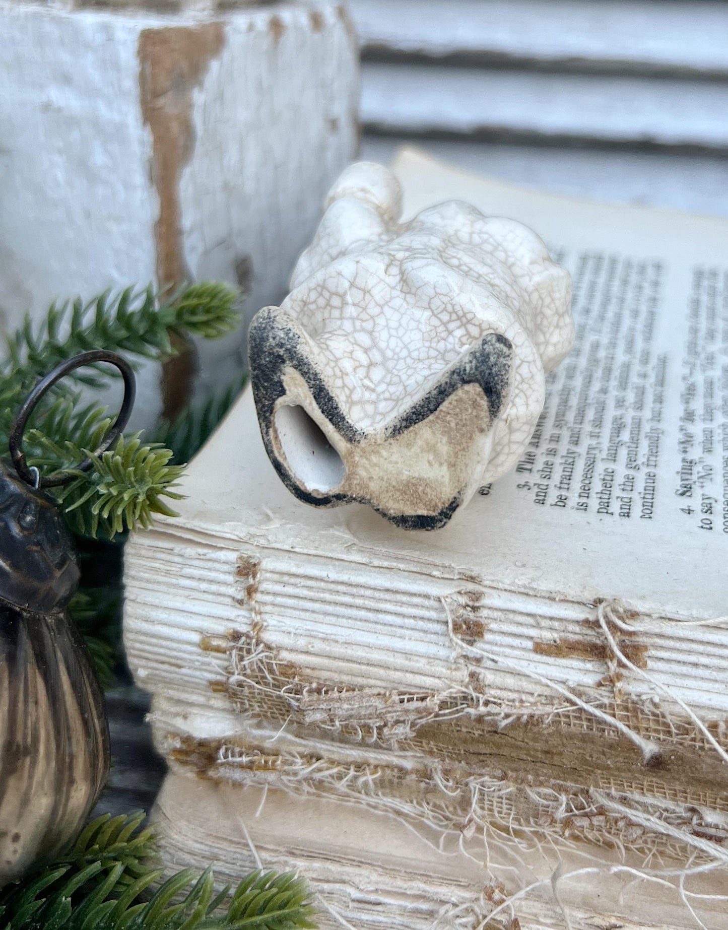 Vintage Ironstone Santa Claus Candle Holder Creamy WHITE Farmhouse Christmas Decor Stained Crazing Tiny