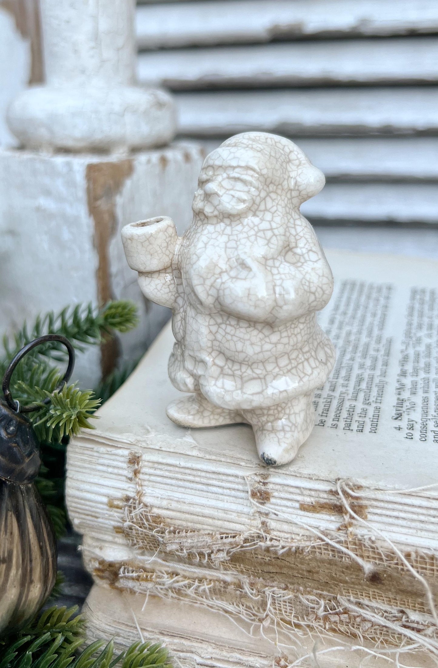 Vintage Ironstone Santa Claus Candle Holder Creamy WHITE Farmhouse Christmas Decor Stained Crazing Tiny