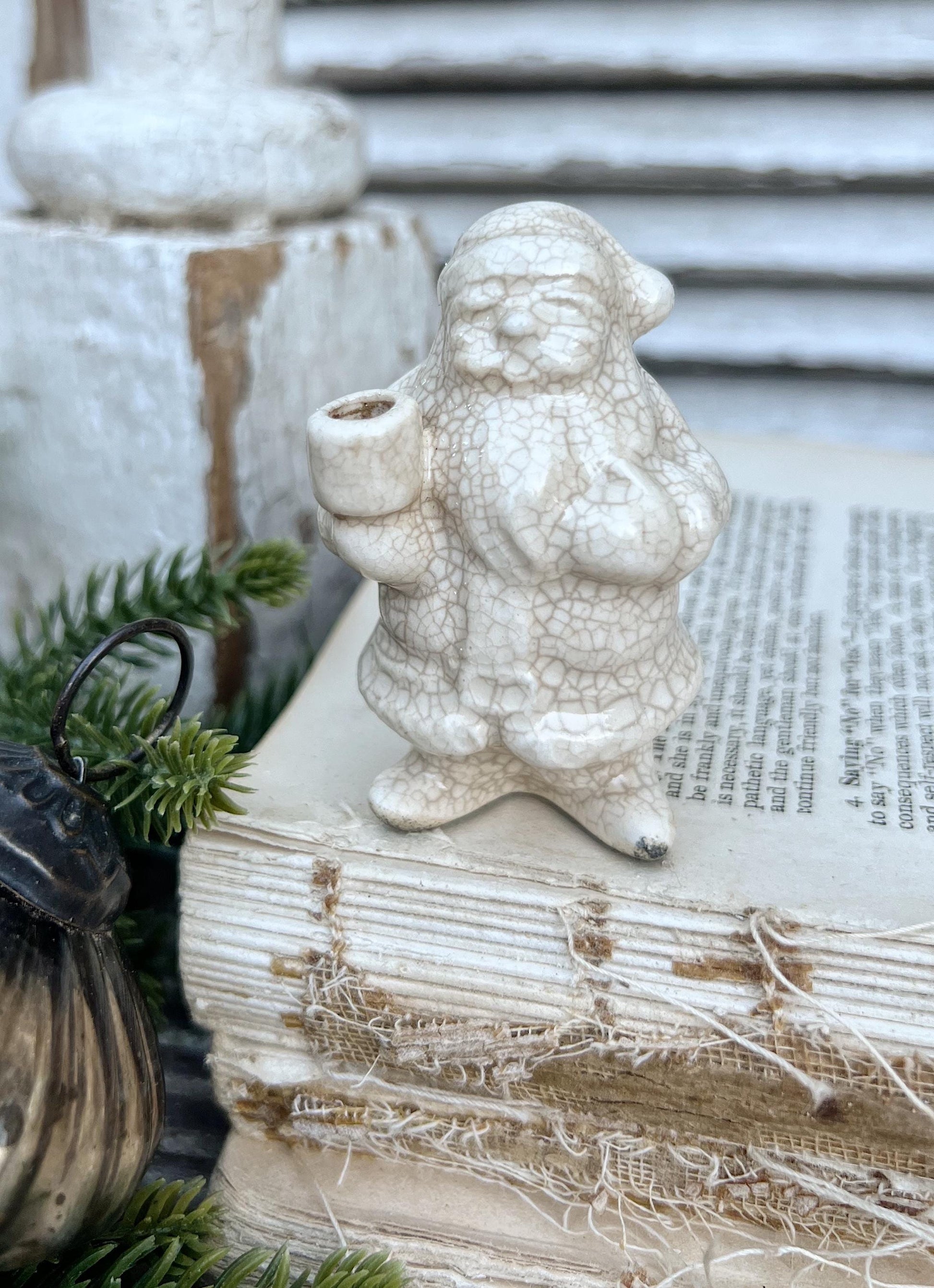 Vintage Ironstone Santa Claus Candle Holder Creamy WHITE Farmhouse Christmas Decor Stained Crazing Tiny