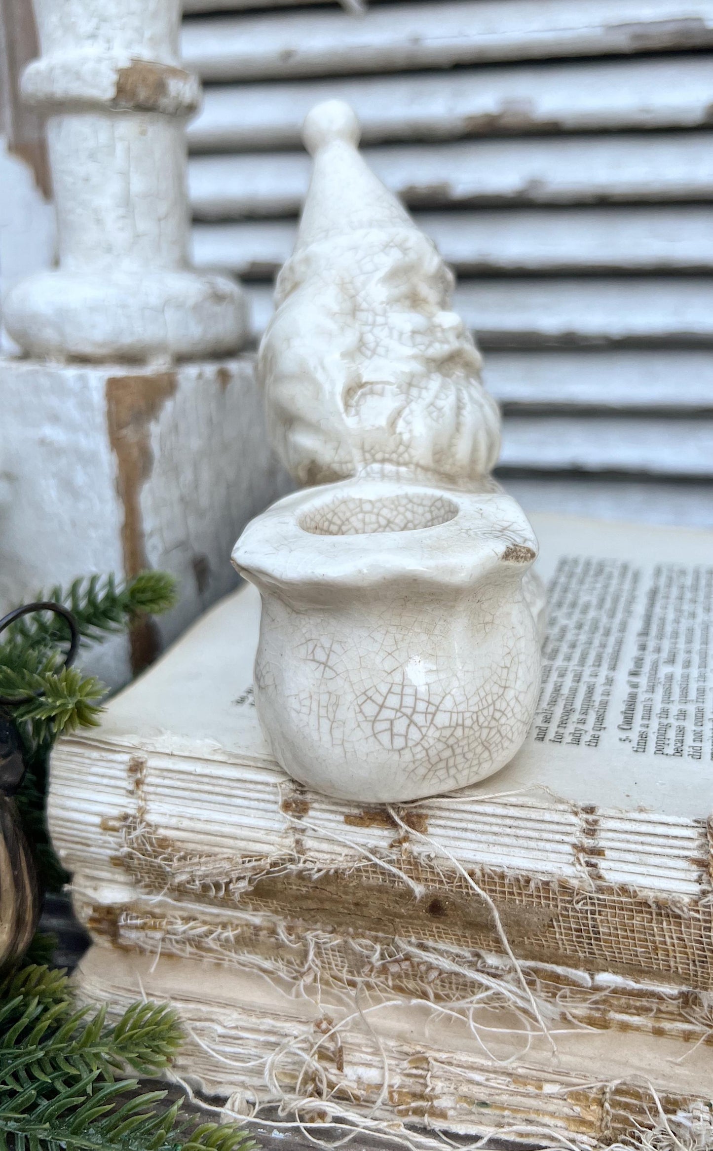 Vintage Ironstone Santa Claus Candle Holder Creamy WHITE Farmhouse Christmas Decor Stained Crazing BRINNS Crazed Stained