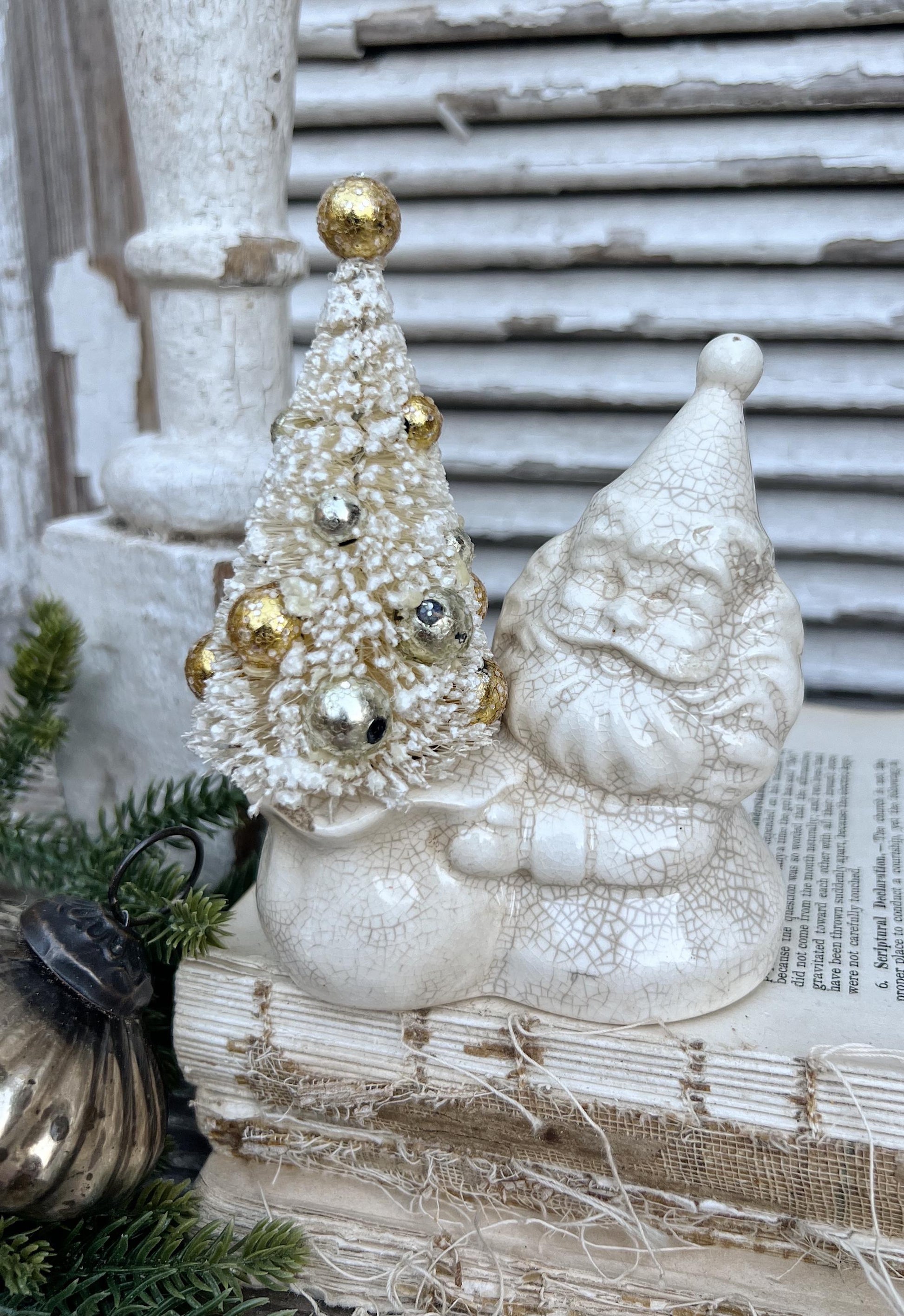 Vintage Ironstone Santa Claus Candle Holder Creamy WHITE Farmhouse Christmas Decor Stained Crazing BRINNS Crazed Stained