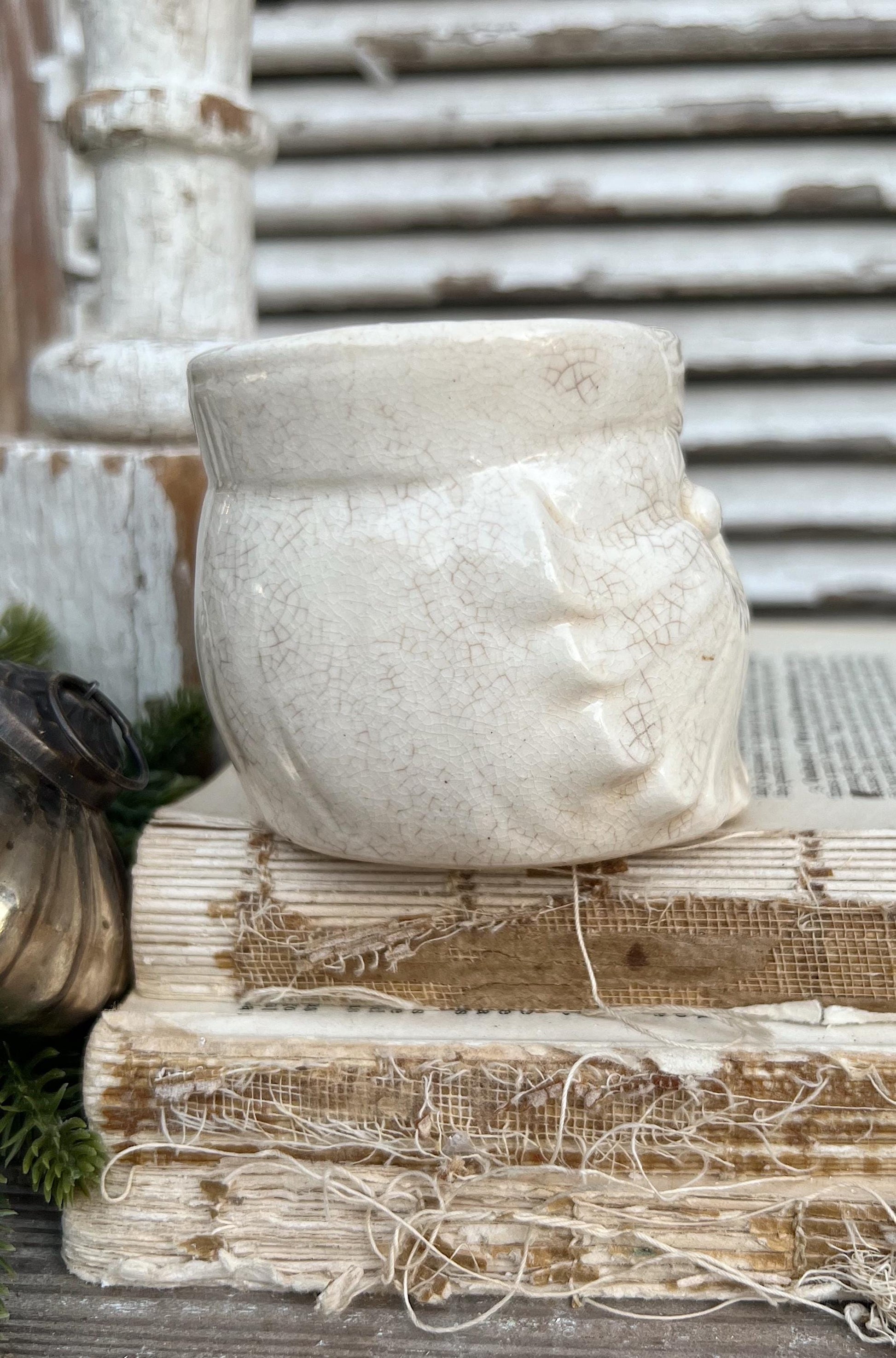 Vintage Ironstone Santa Claus Cup Mug FULL SIZE Cream Santa White Farmhouse Christmas Decor RARE Japan Holt Howard Stained Crazed 1959