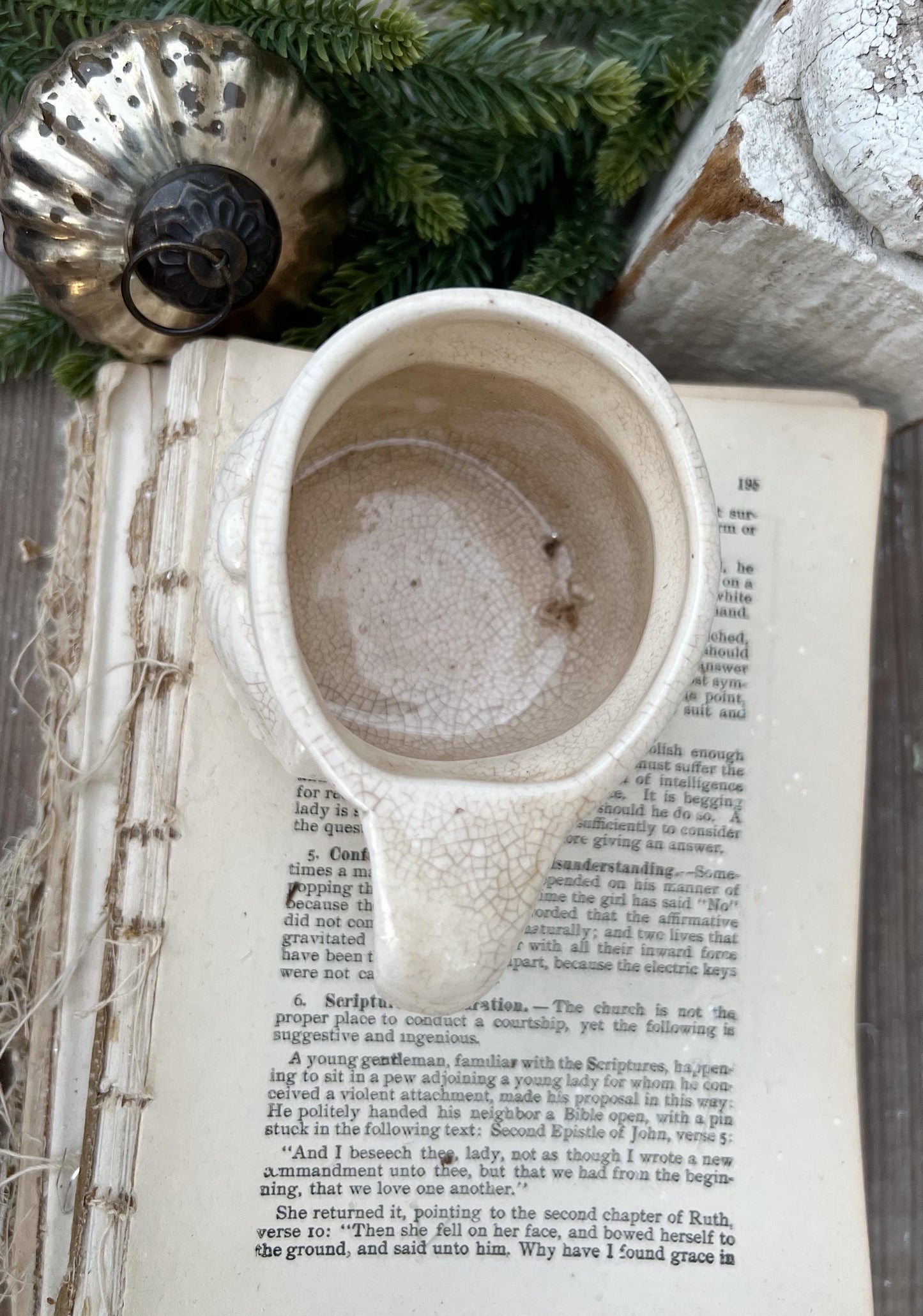 Vintage Ironstone Santa Claus Cup Mug FULL SIZE Cream Santa White Farmhouse Christmas Decor RARE Japan Holt Howard Stained Crazed 1959
