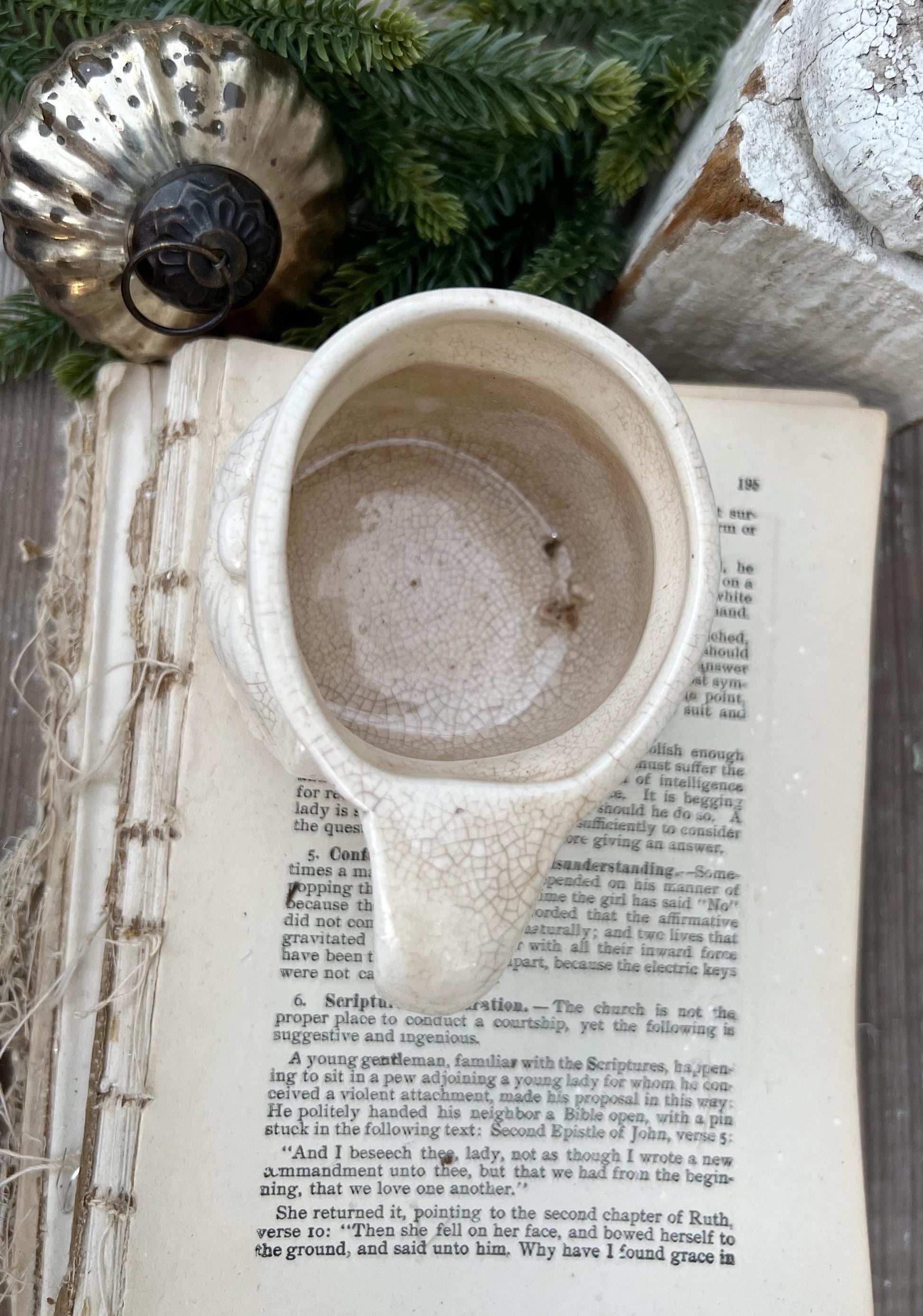 Vintage Ironstone Santa Claus Cup Mug FULL SIZE Cream Santa White Farmhouse Christmas Decor RARE Japan Holt Howard Stained Crazed 1959