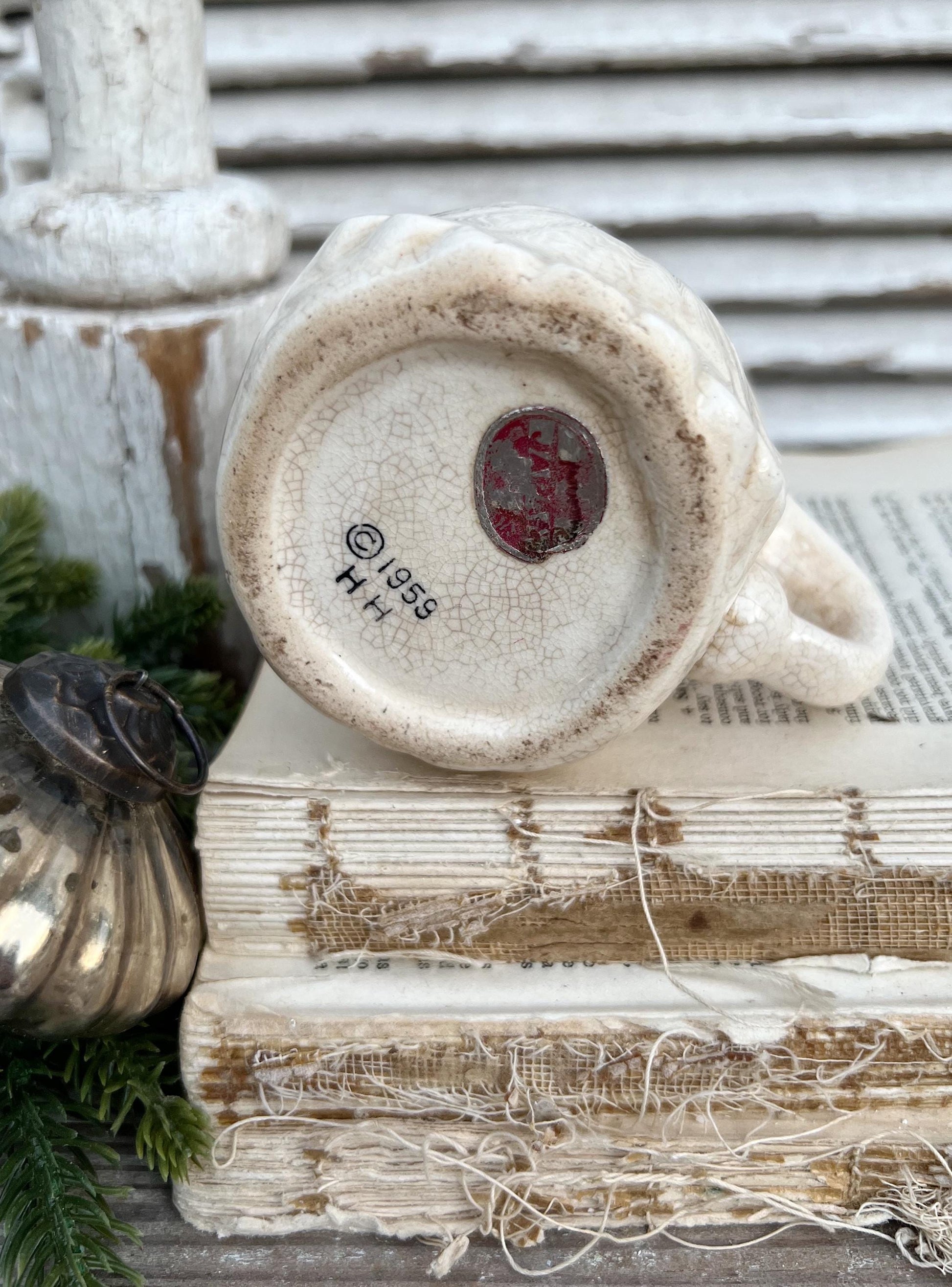 Vintage Ironstone Santa Claus Cup Mug FULL SIZE Cream Santa White Farmhouse Christmas Decor RARE Japan Holt Howard Stained Crazed 1959