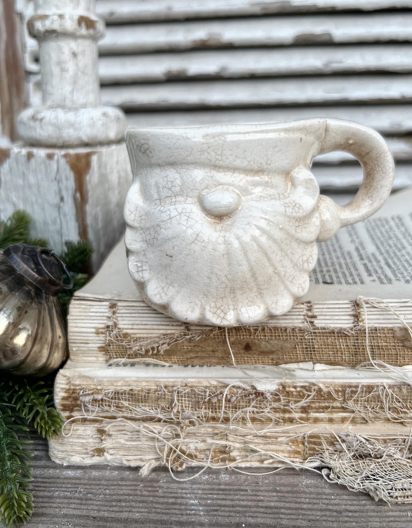 Vintage Ironstone Santa Claus Cup Mug FULL SIZE Cream Santa White Farmhouse Christmas Decor RARE Japan Holt Howard Stained Crazed 1959