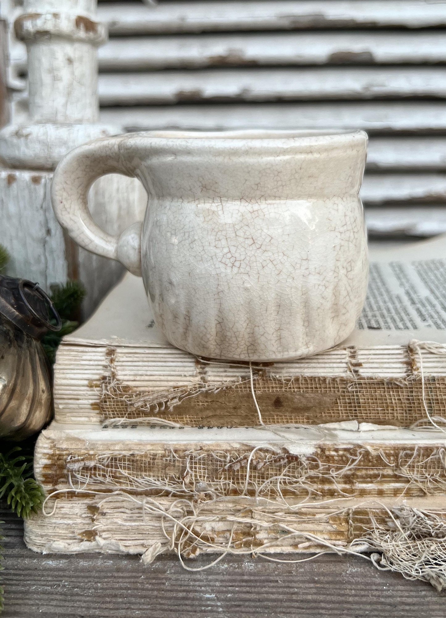 Vintage Ironstone Santa Claus Cup Mug FULL SIZE Cream Santa White Farmhouse Christmas Decor RARE Japan Holt Howard Stained Crazed 1959