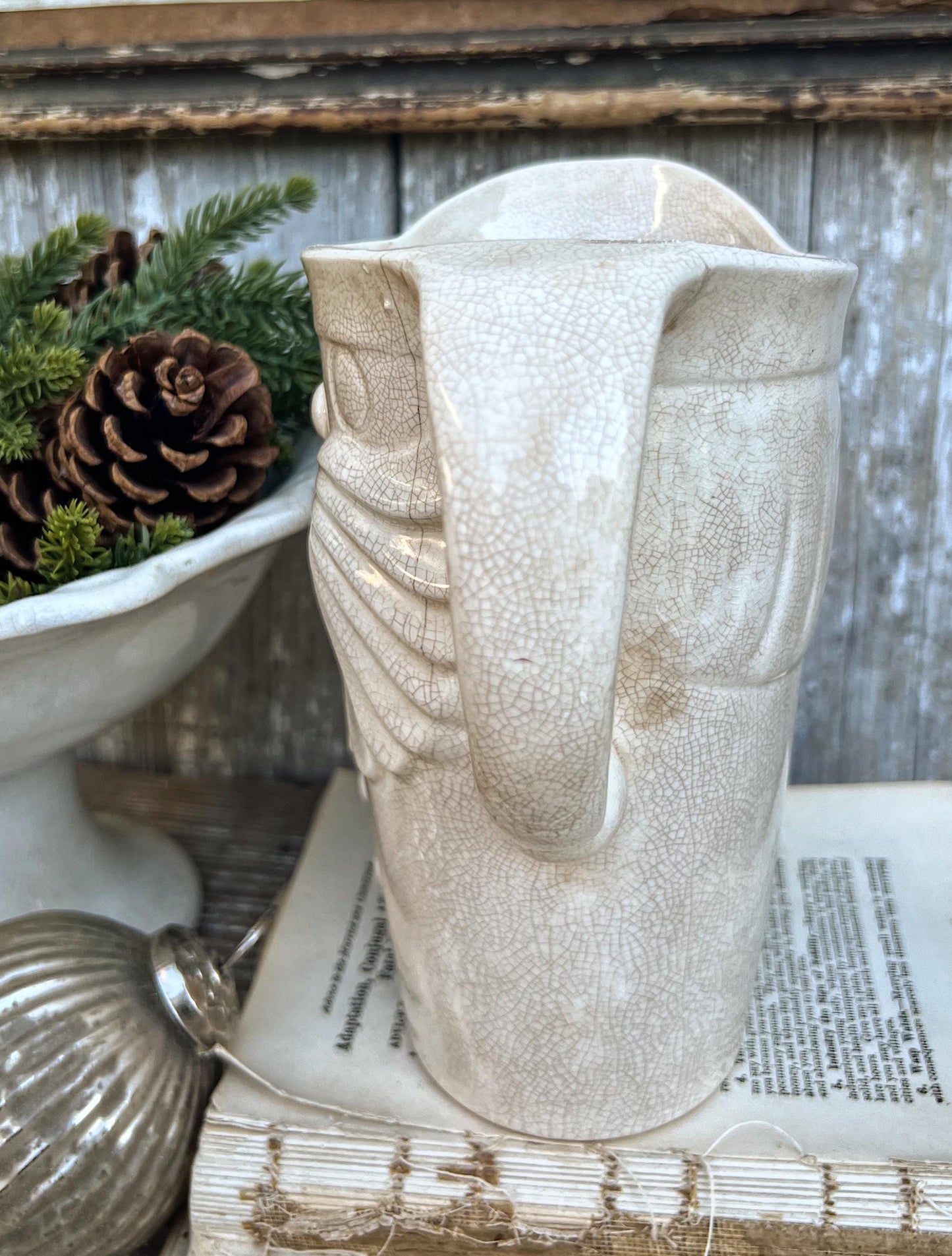 Vintage HOLT HOWARD 1959 Ironstone Santa Claus PITCHER Creamy White Santa Face Farmhouse Christmas Decor Rare Crazing Stained Large