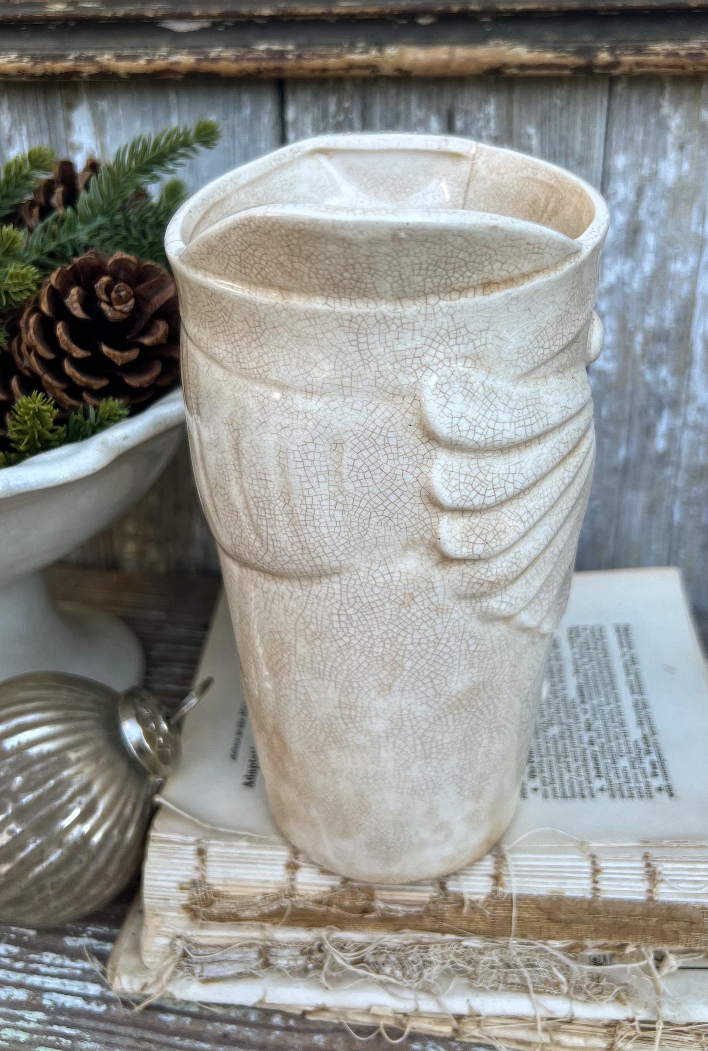 Vintage HOLT HOWARD 1959 Ironstone Santa Claus PITCHER Creamy White Santa Face Farmhouse Christmas Decor Rare Crazing Stained Large