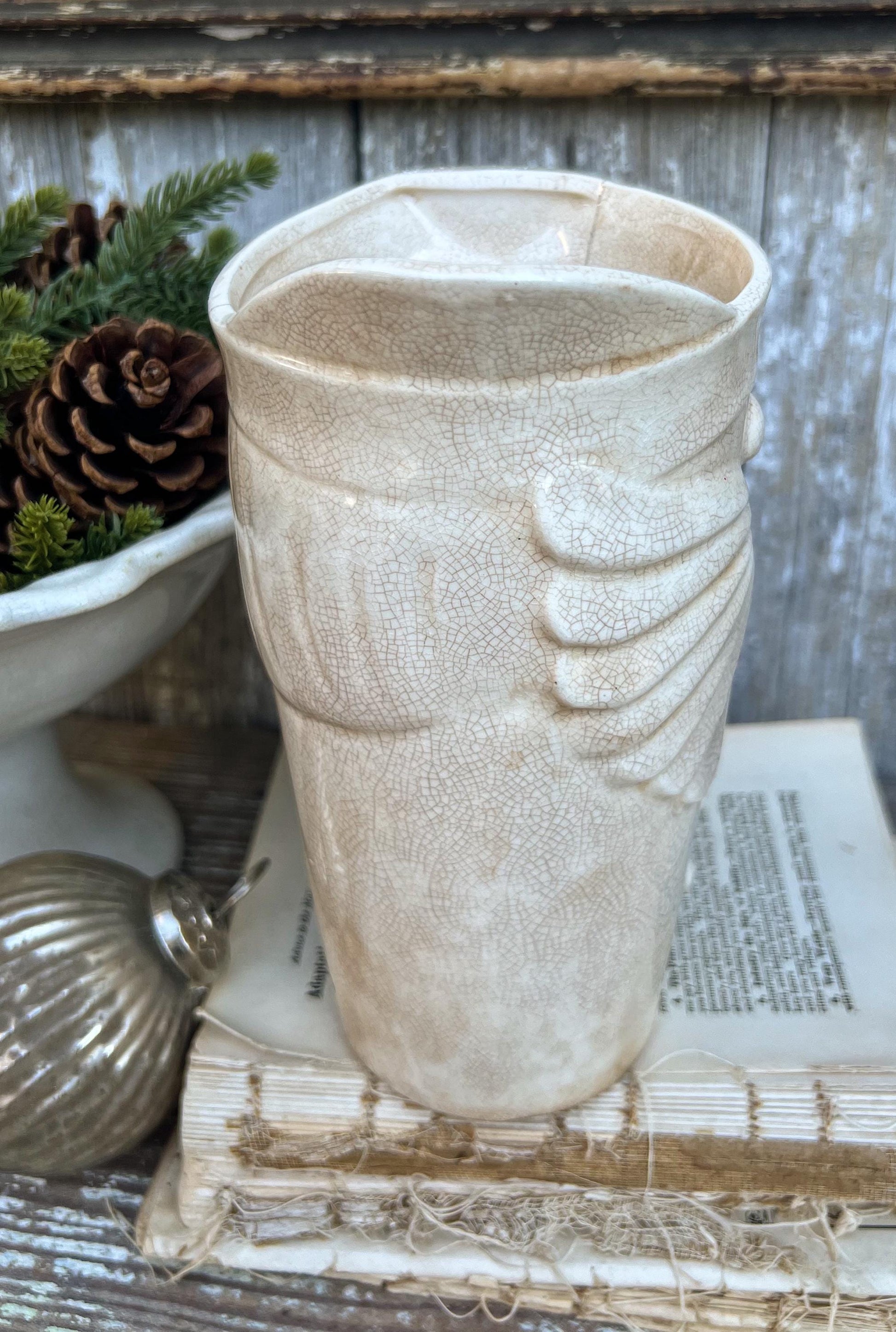 Vintage HOLT HOWARD 1959 Ironstone Santa Claus PITCHER Creamy White Santa Face Farmhouse Christmas Decor Rare Crazing Stained Large