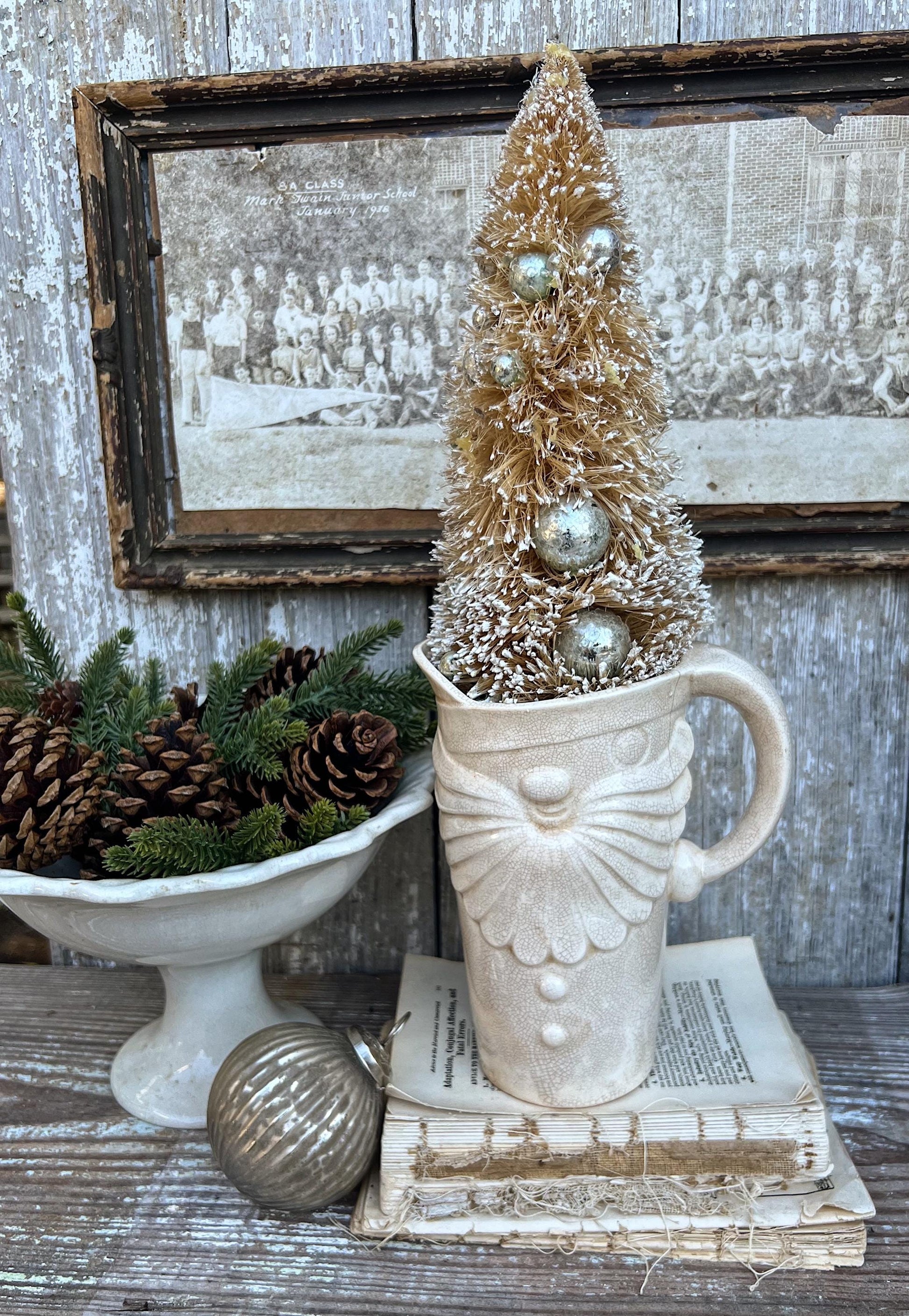 Vintage HOLT HOWARD 1959 Ironstone Santa Claus PITCHER Creamy White Santa Face Farmhouse Christmas Decor Rare Crazing Stained Large