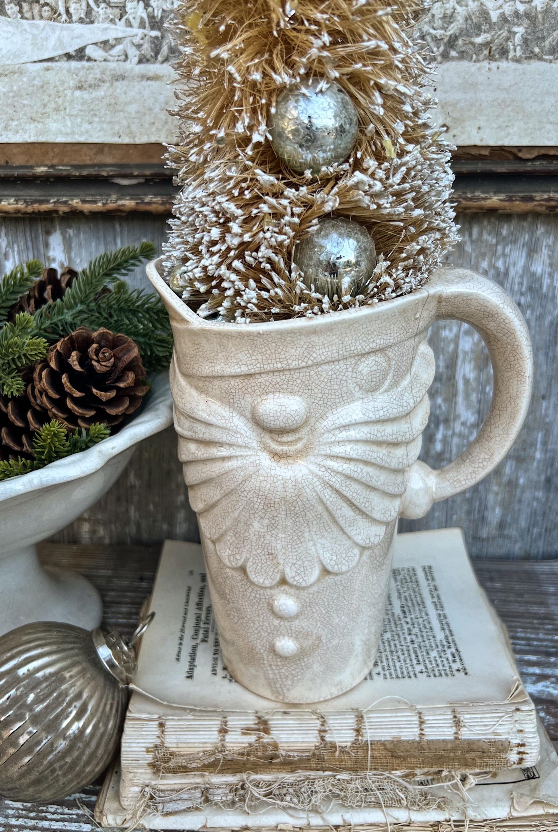 Vintage HOLT HOWARD 1959 Ironstone Santa Claus PITCHER Creamy White Santa Face Farmhouse Christmas Decor Rare Crazing Stained Large