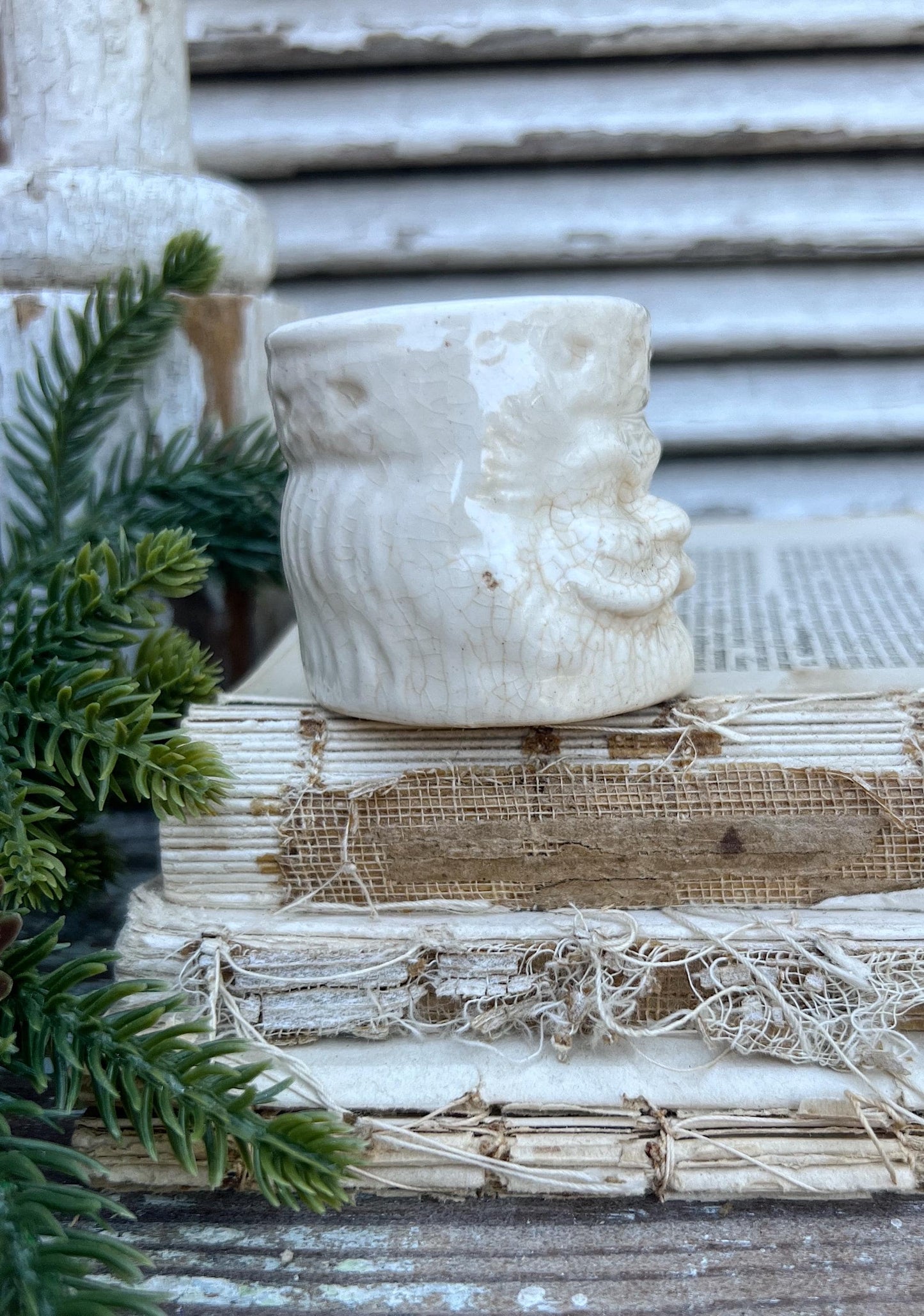 Vintage Ironstone Santa Claus Cup Mini Mug Santa Crazed Stained WHITE Farmhouse Christmas Decor JAPAN