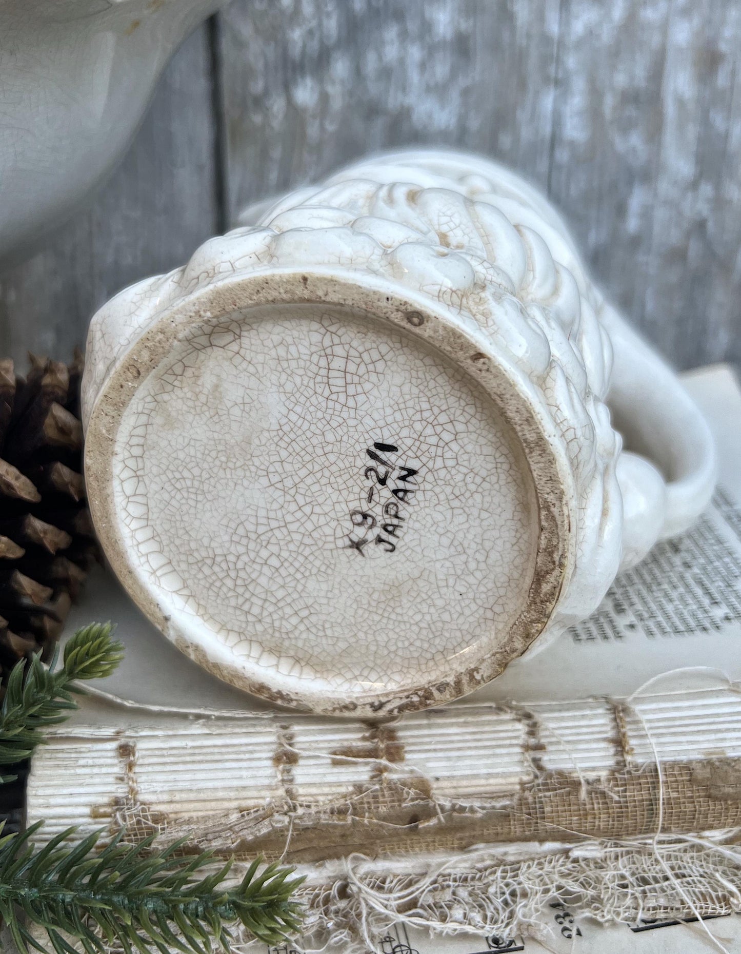 Vintage Ironstone Santa Claus Pitcher LARGE Creamy White Farmhouse Christmas Decor Rare Paintless Grungy Stained Crazed INARCO JAPAN 1959