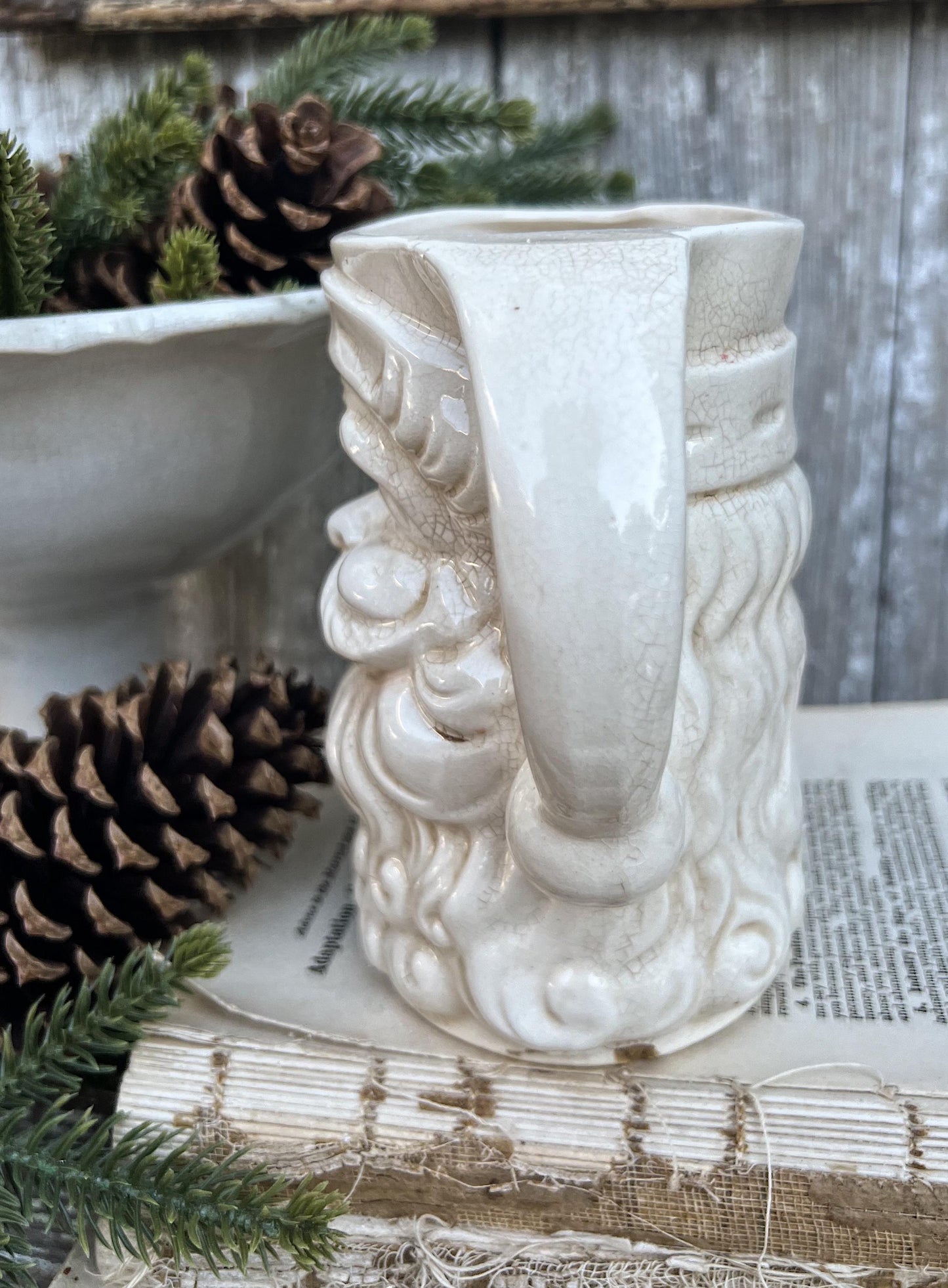 Vintage Ironstone Santa Claus Pitcher LARGE Creamy White Farmhouse Christmas Decor Rare Paintless Grungy Stained Crazed INARCO JAPAN 1959
