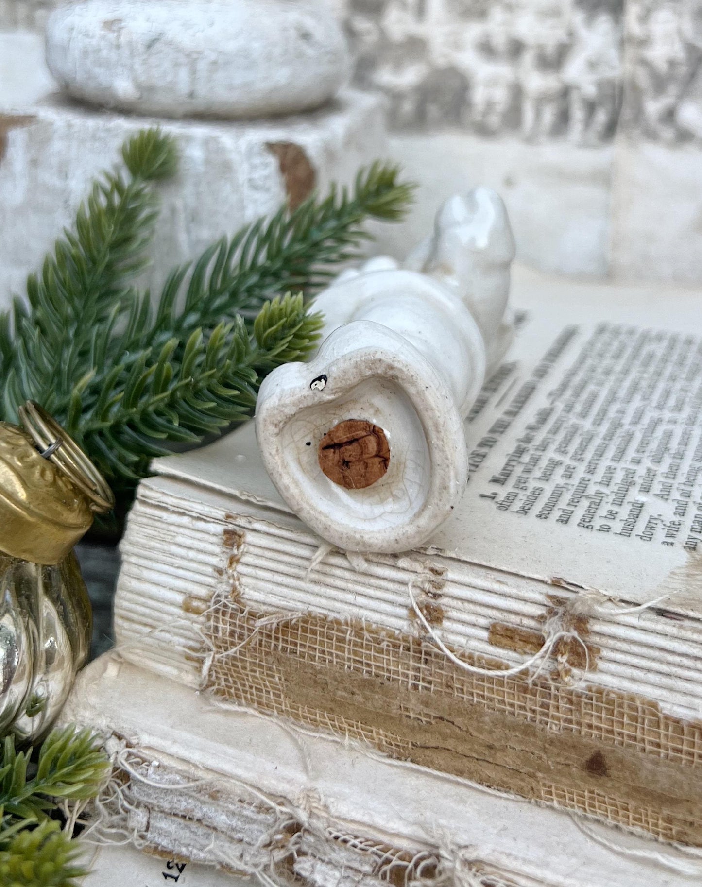 Vintage Ironstone Santa Claus Salt Shaker Creamy WHITE Farmhouse Christmas Decor VIOLIN Stained Crazing