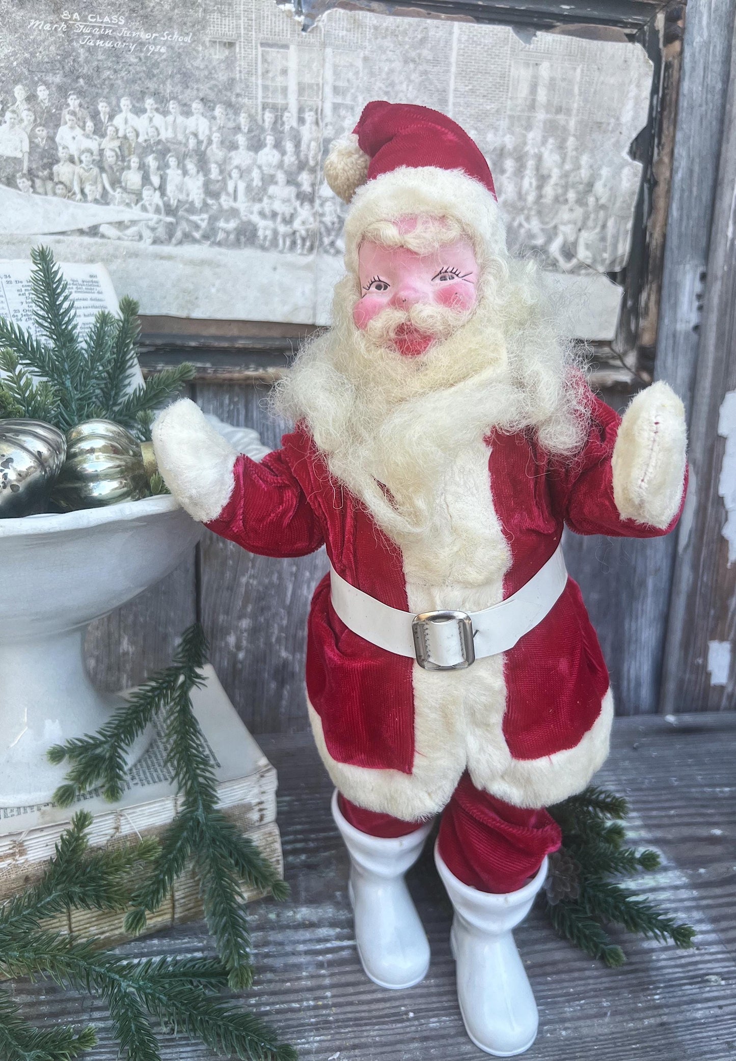 HUGE Antique RED Santa Claus Doll JAPAN Farmhouse Vintage Christmas Decoration Ornament Hand Painted Harold Gale